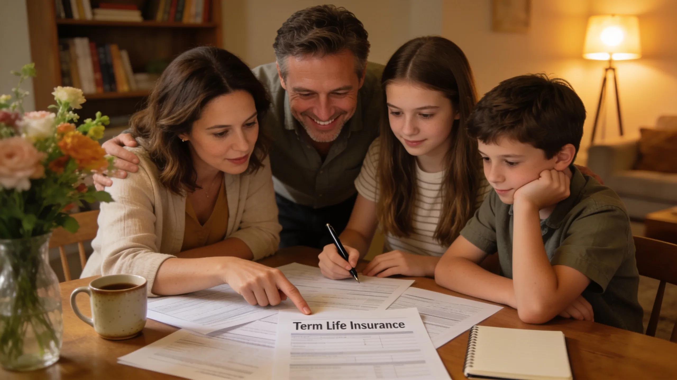 Family engaging in financial planning discussions around a dining table with term life insurance documents