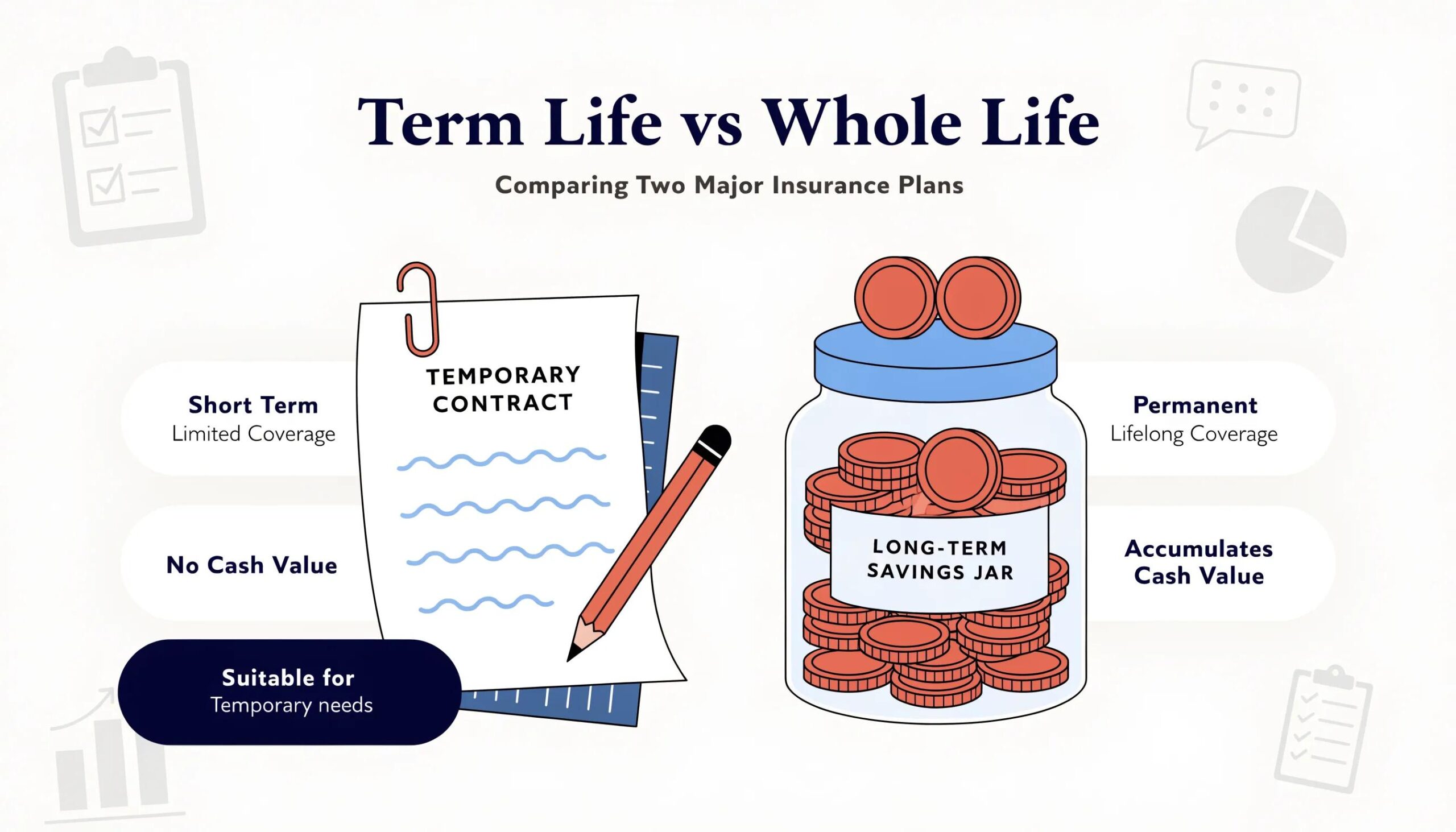 Visual comparison of term life insurance contract and whole life insurance savings jar