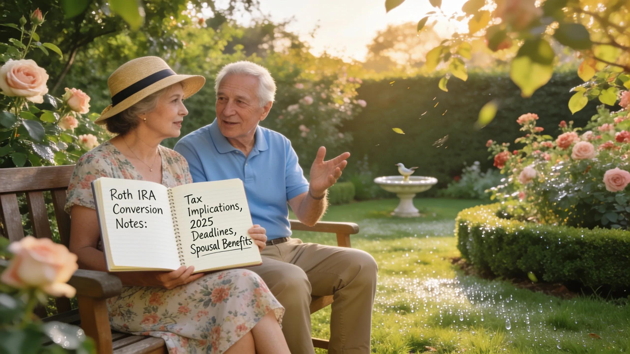 Retired couple in a beautiful garden discussing tax strategies related to Roth IRA conversions for effective retirement planning