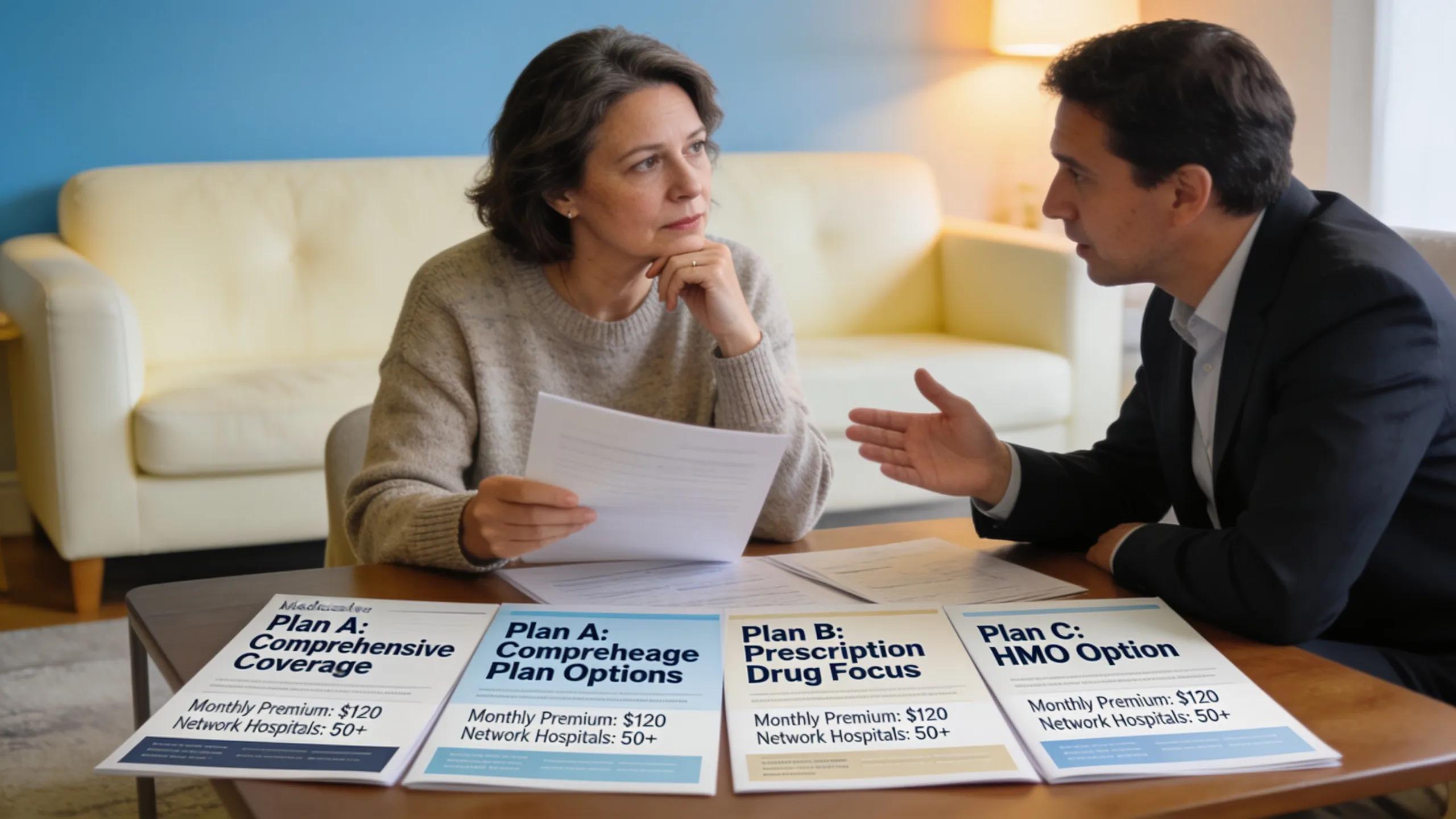 Family member reviewing Medicare Advantage plan documents with an advisor, focusing on healthcare benefits and options