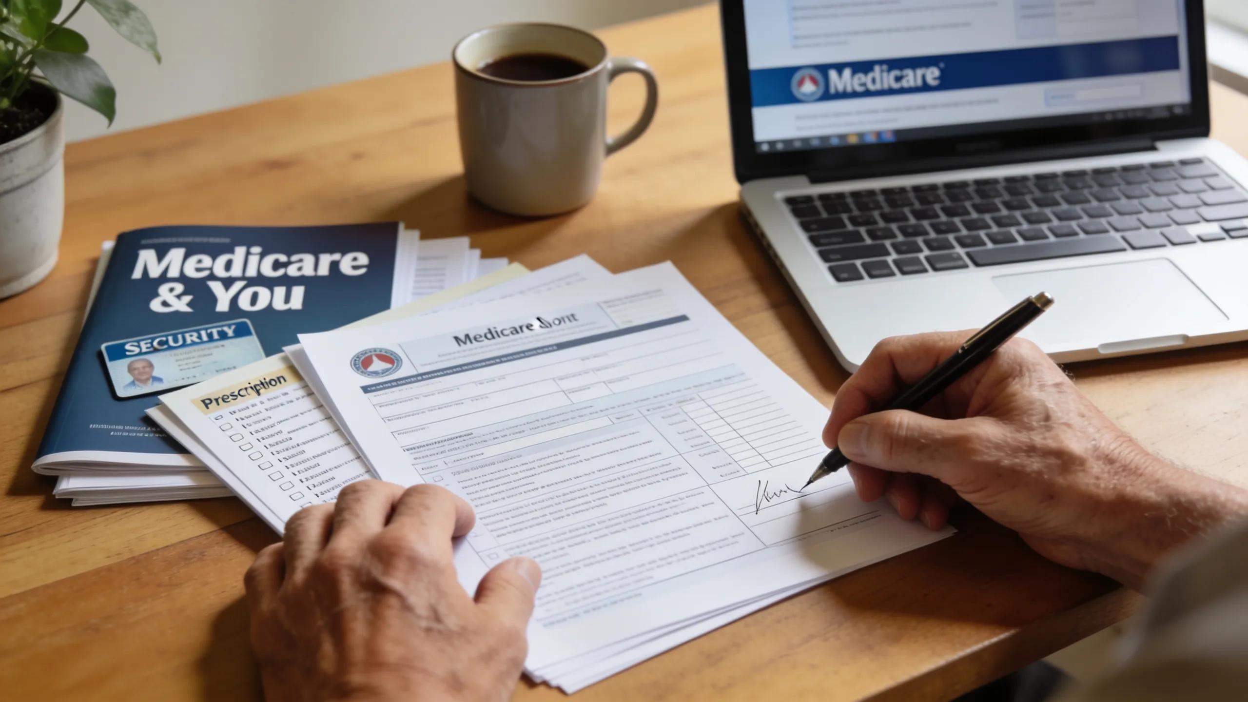 Person completing Medicare enrollment paperwork in a well-organized workspace