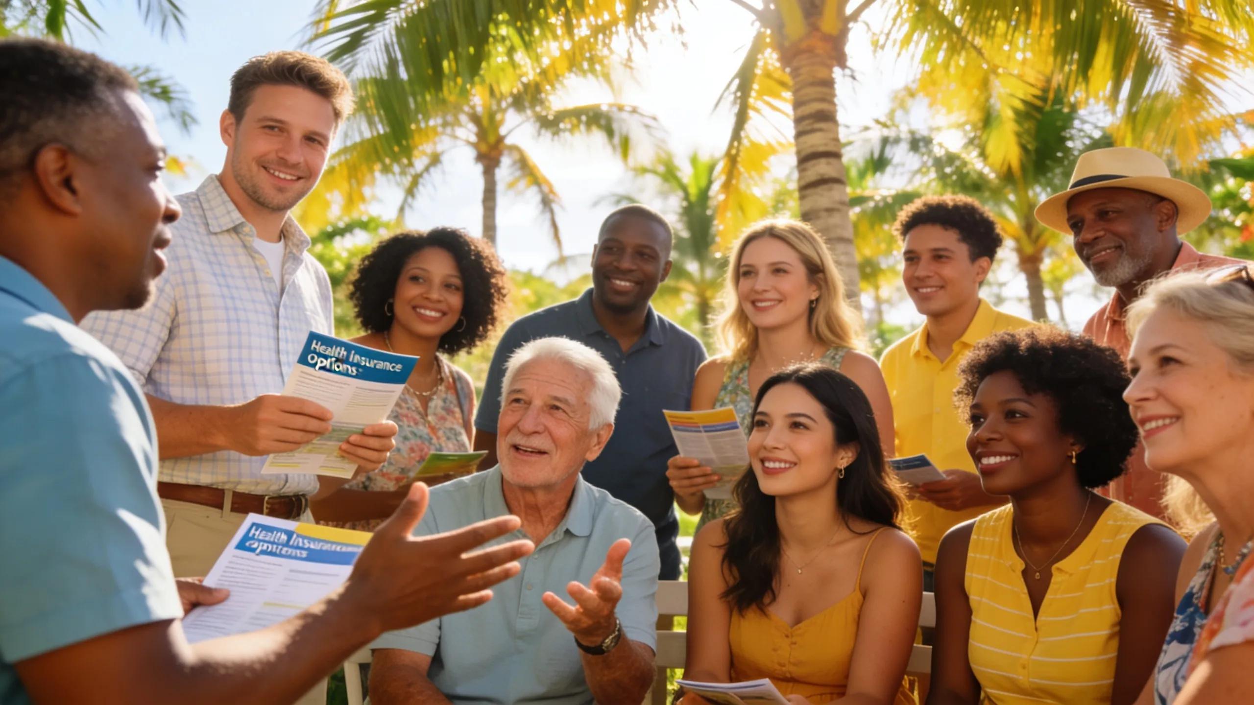 Group of diverse individuals discussing health insurance options in a sunny Florida setting