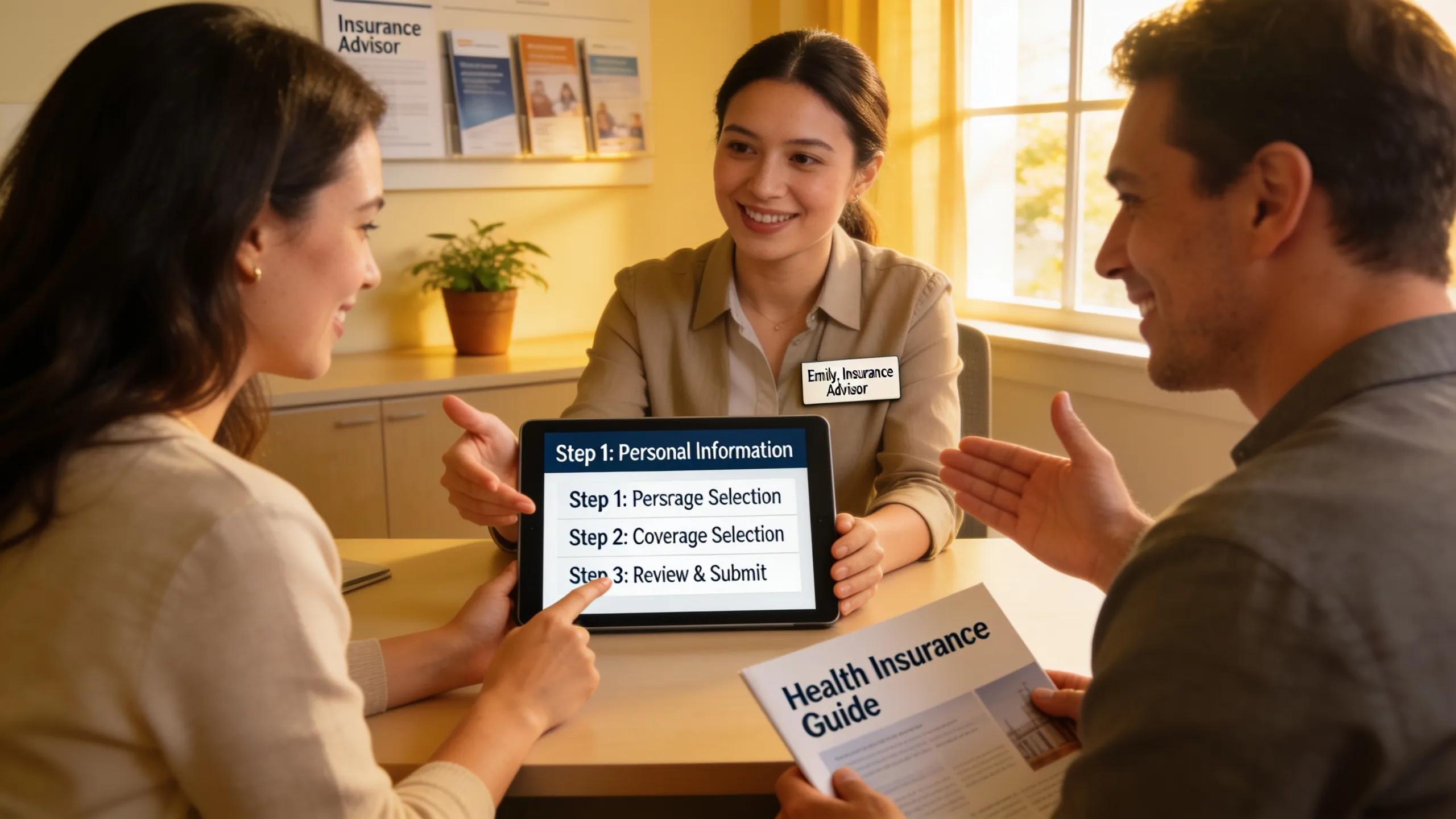 Insurance advisor assisting a couple with the health insurance enrollment process in Florida
