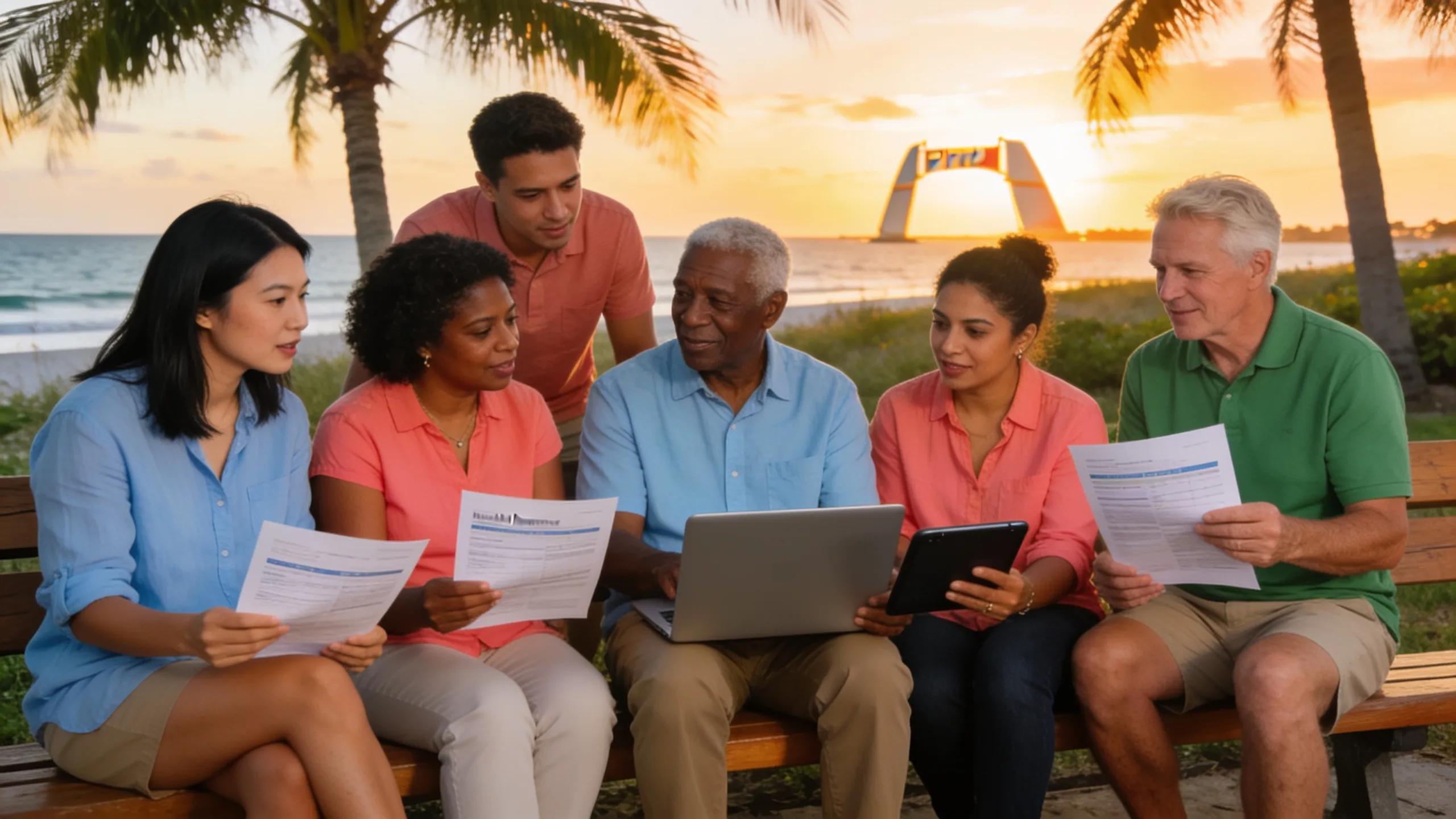 Diverse group discussing health insurance in Florida with the coastal background