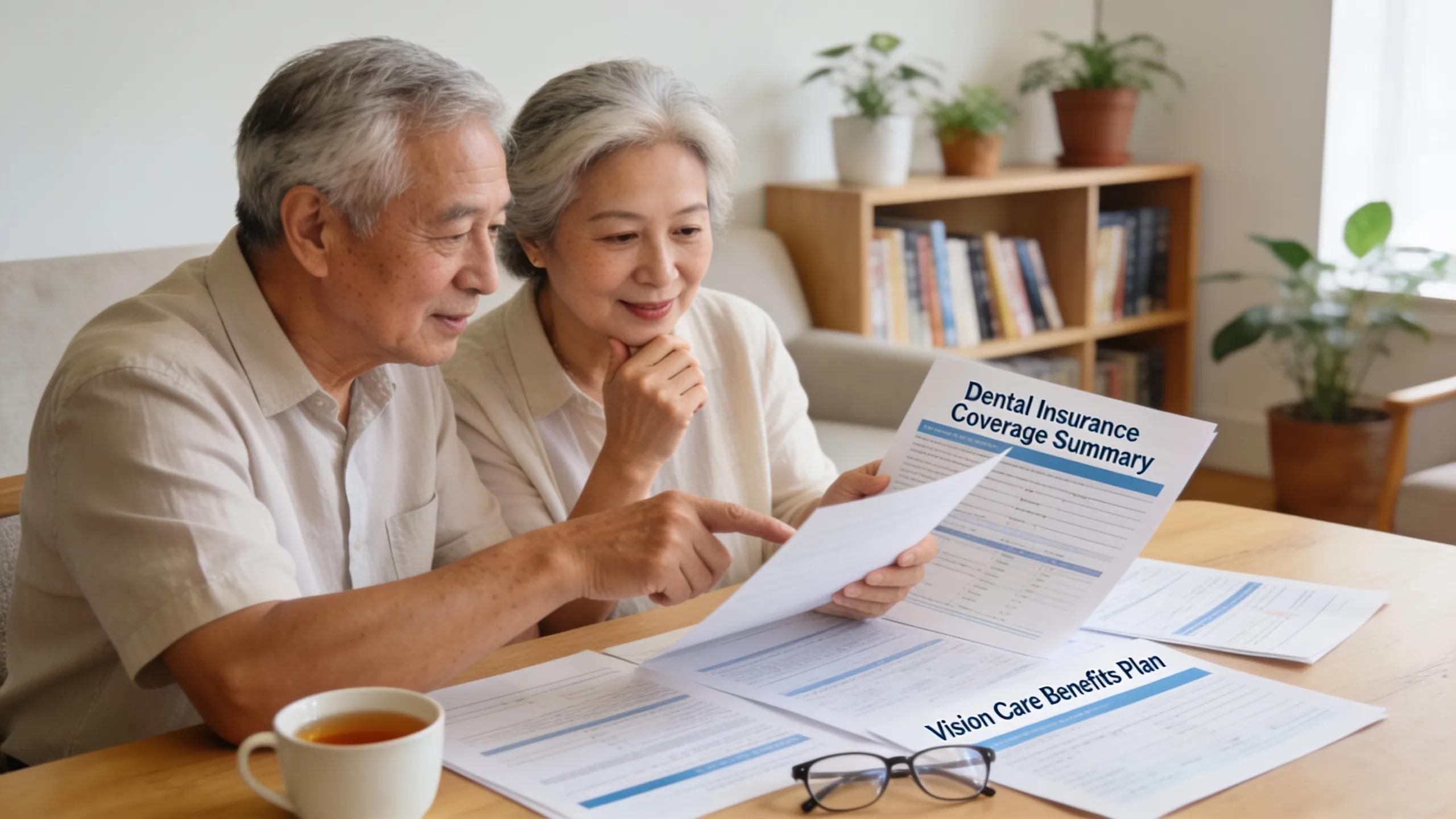 Senior couple reviewing their dental and vision insurance options in a cozy home setting