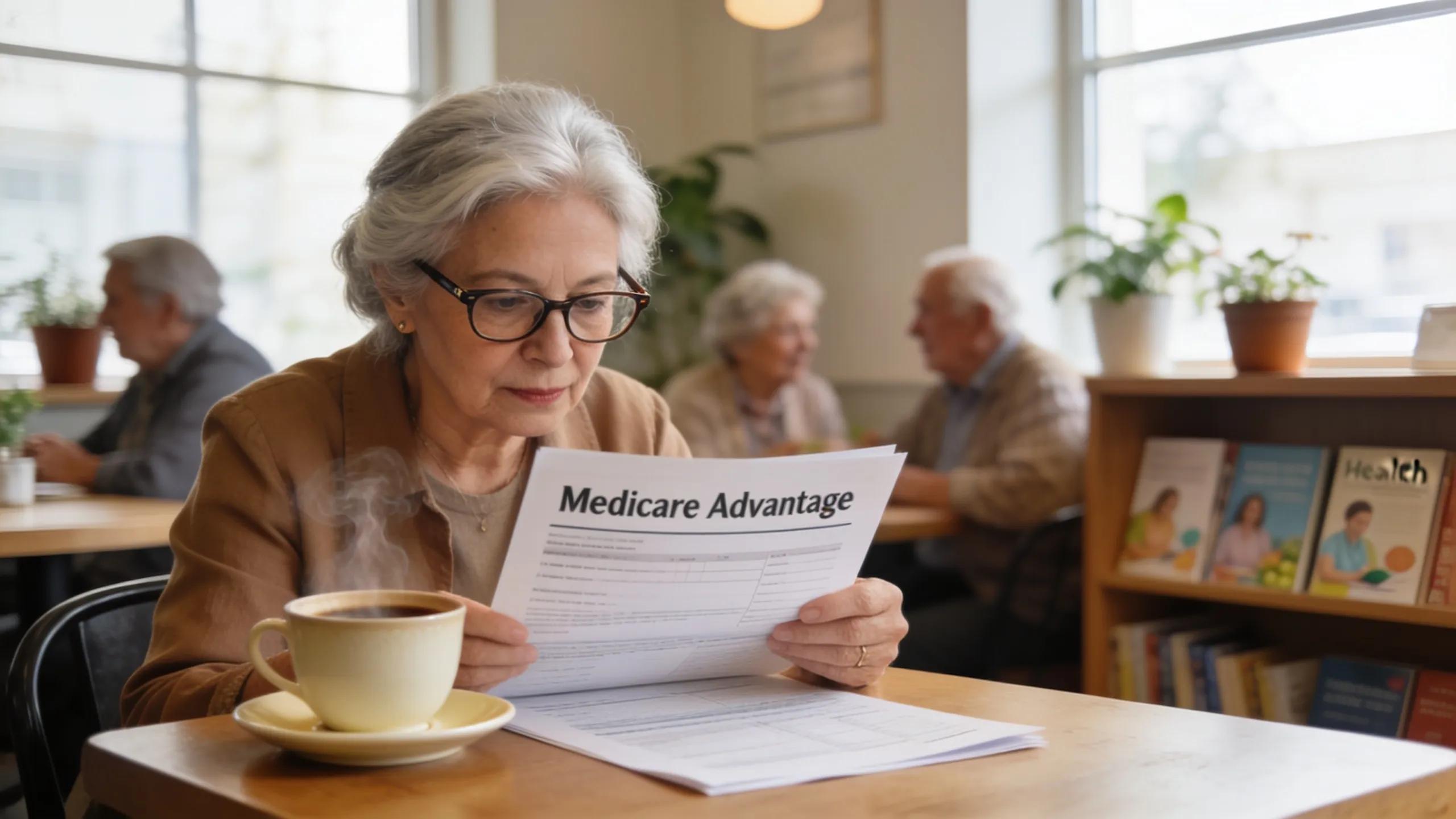 Senior woman thoughtfully reviewing Medicare paperwork at a cafe, focusing on key healthcare decision-making