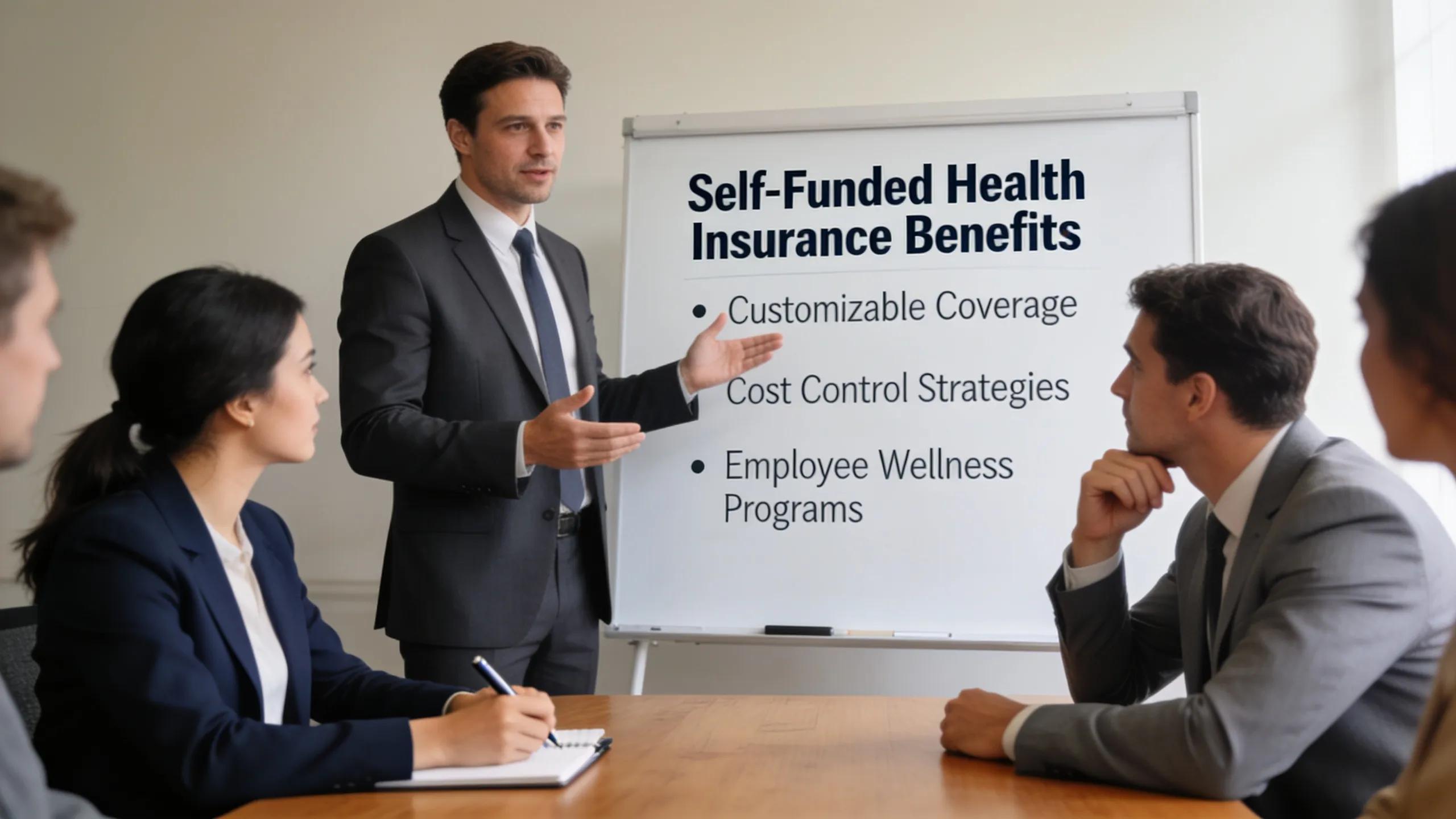 Employer presenting self-funded health insurance features to a group of professionals