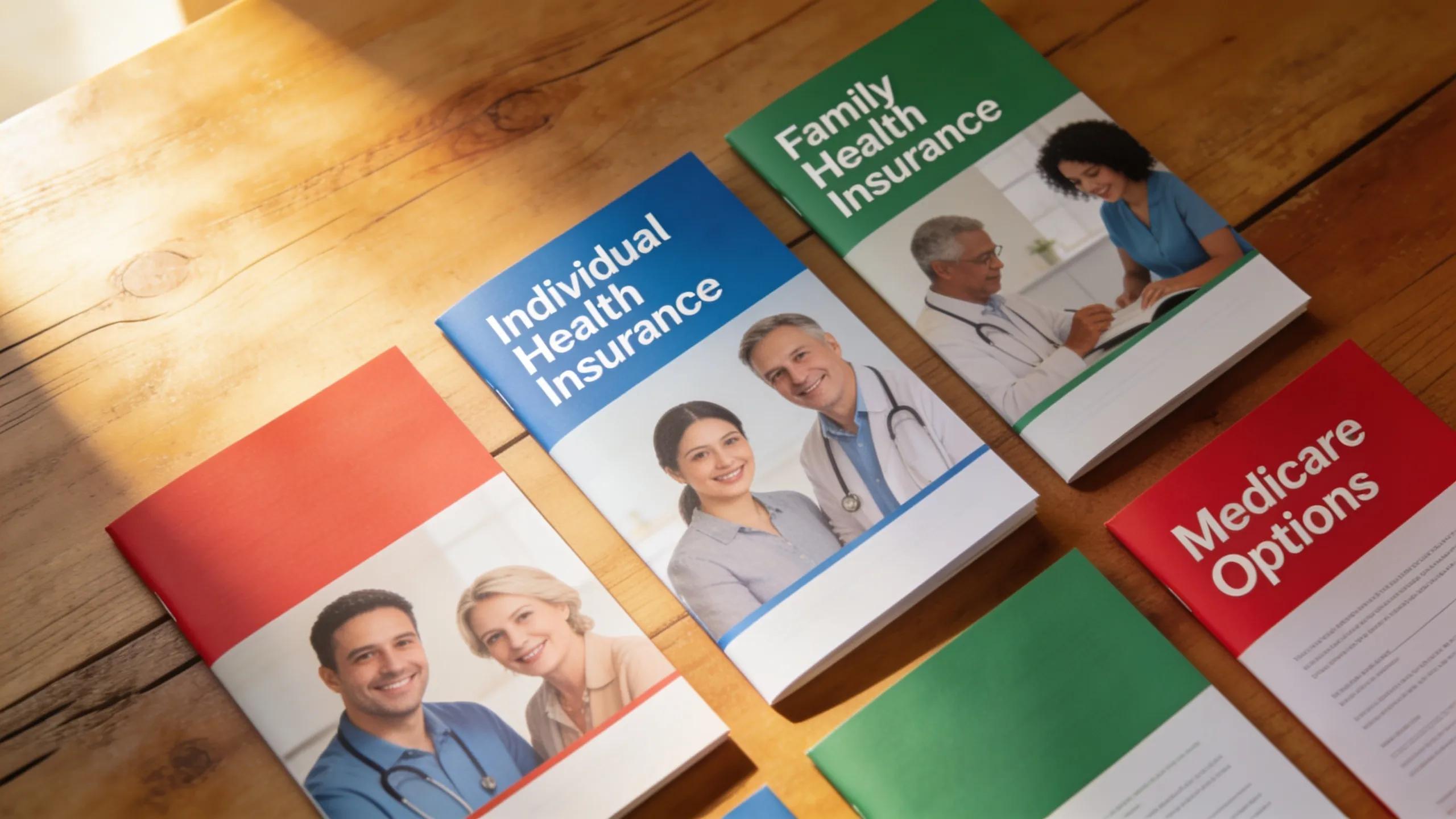 Flat lay of diverse health insurance brochures emphasizing available options