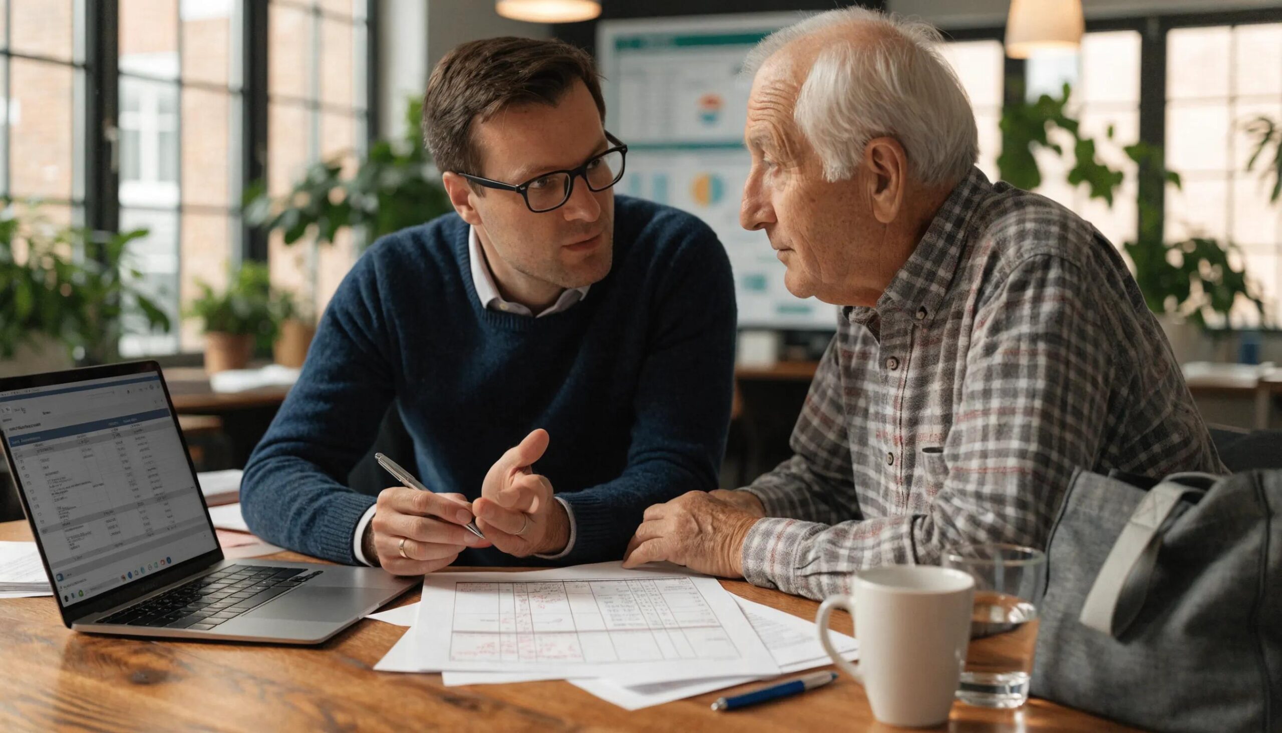 Insurance advisor helping a senior resident with Medicare enrollment in a supportive office setting