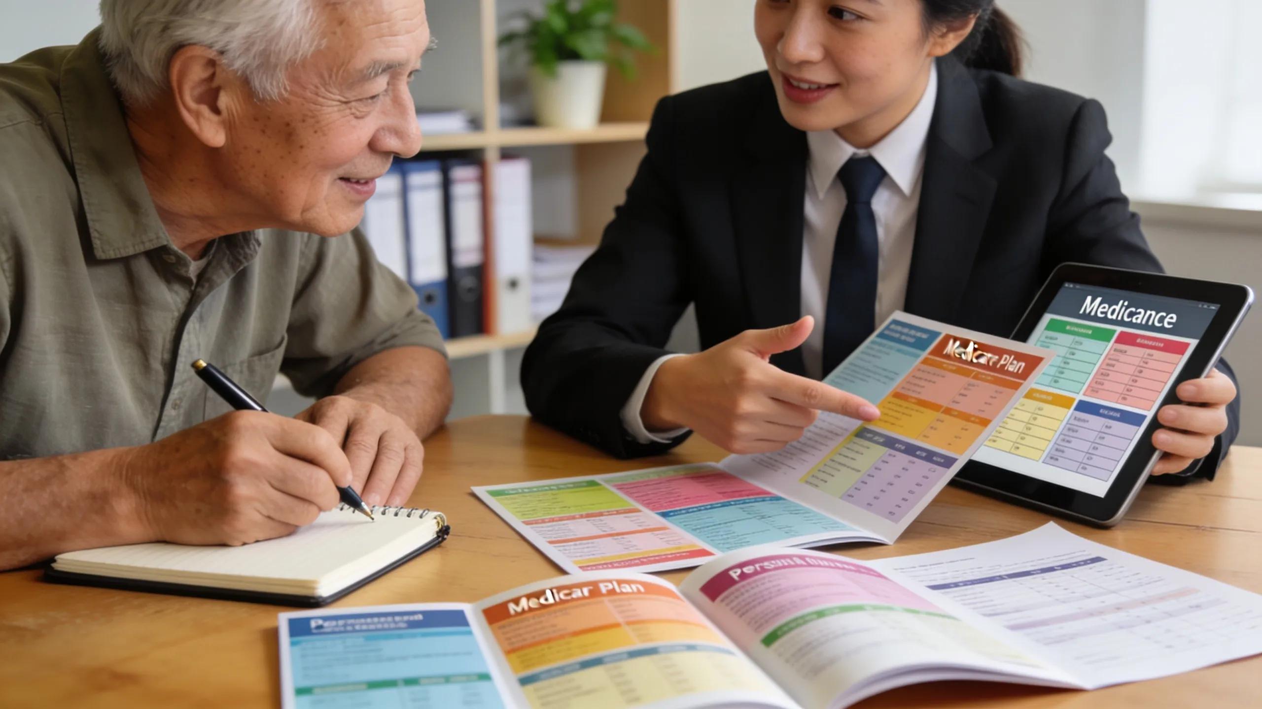 Health insurance broker demonstrating tailored Medicare options to a senior client, focusing on personalization and support
