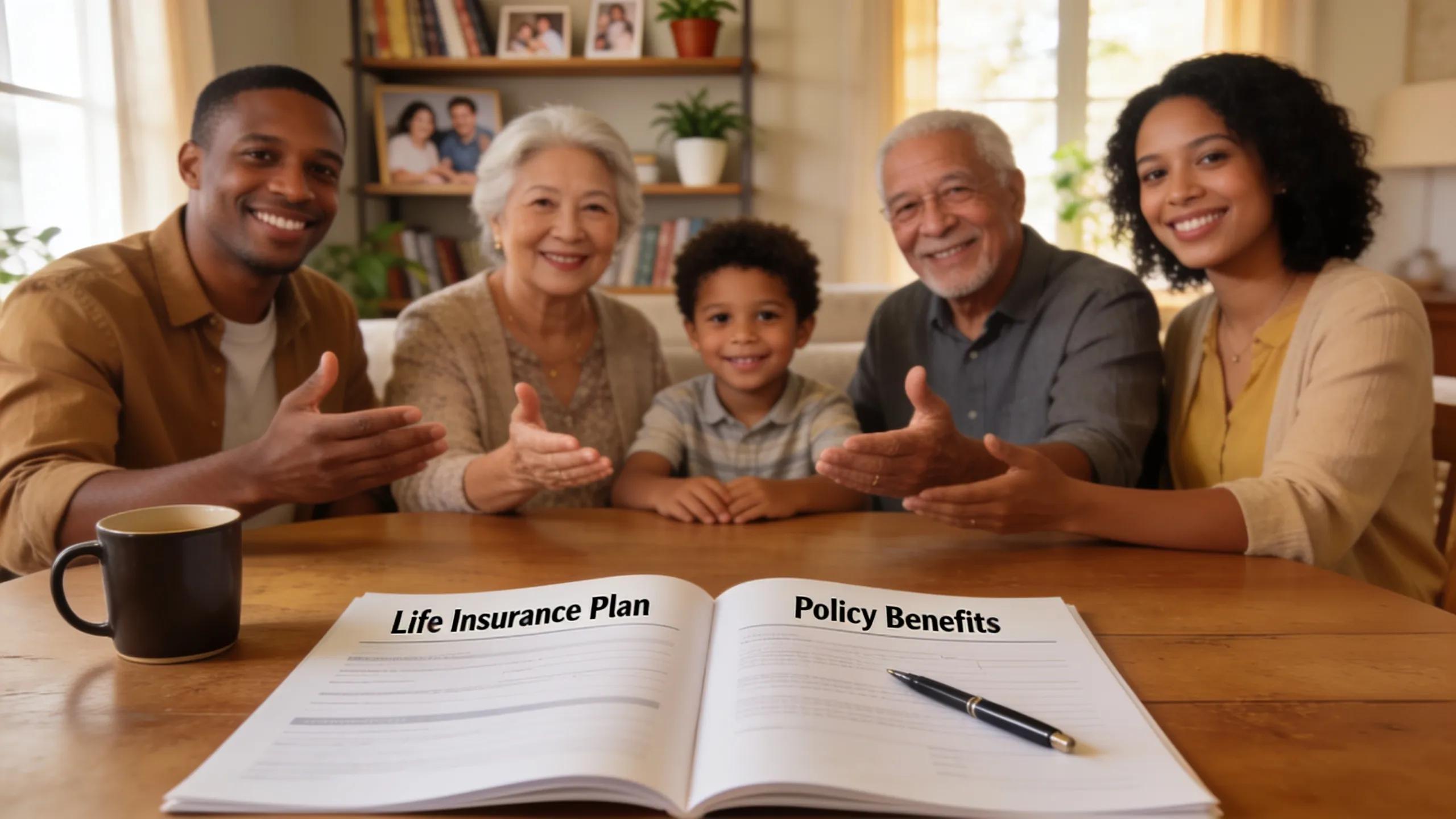 Family discussing life insurance options in a cozy home environment, reflecting financial planning and security.