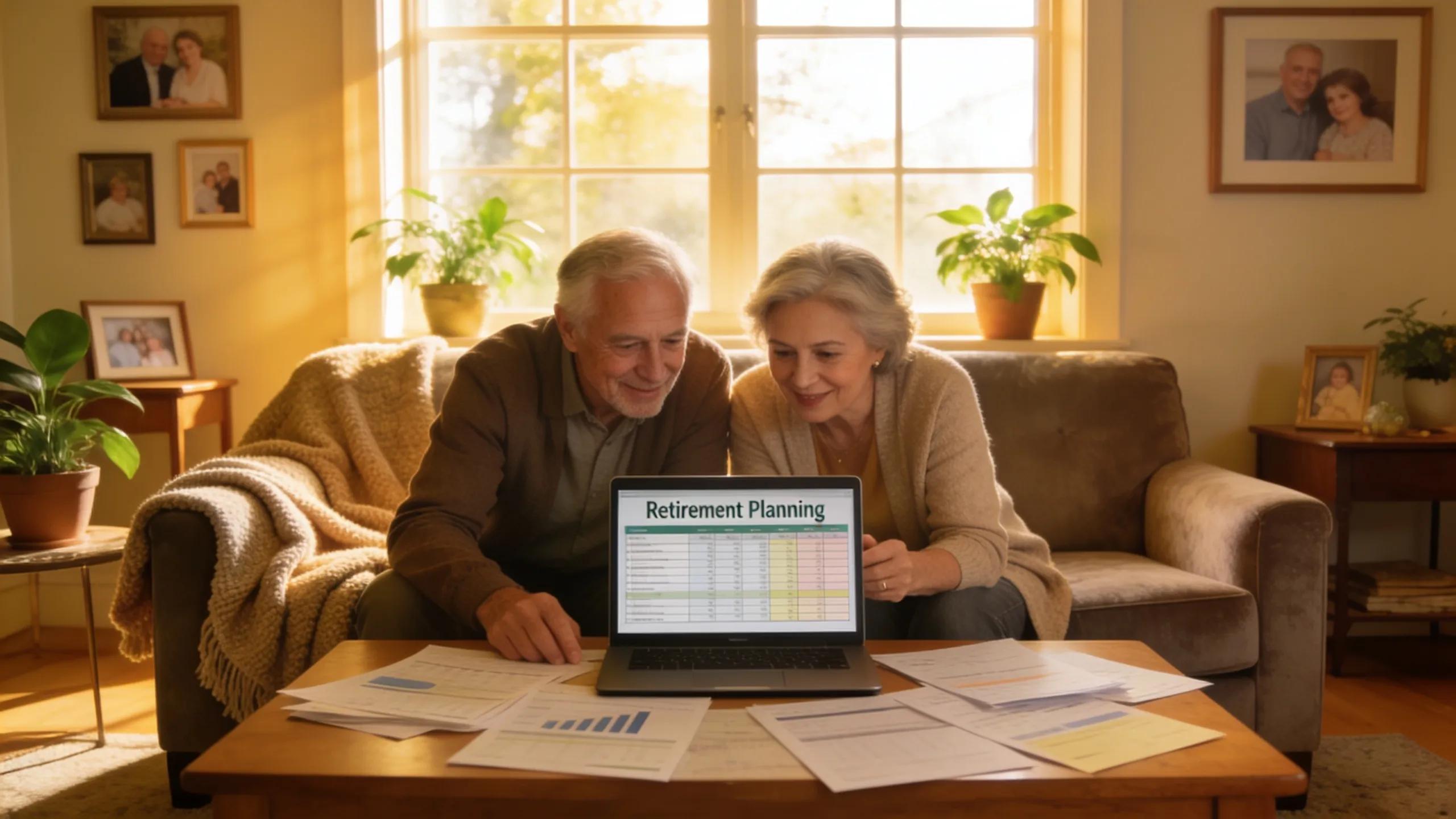Retired couple discussing retirement planning in a cozy living room, emphasizing Florida's tax-friendly retirement benefits