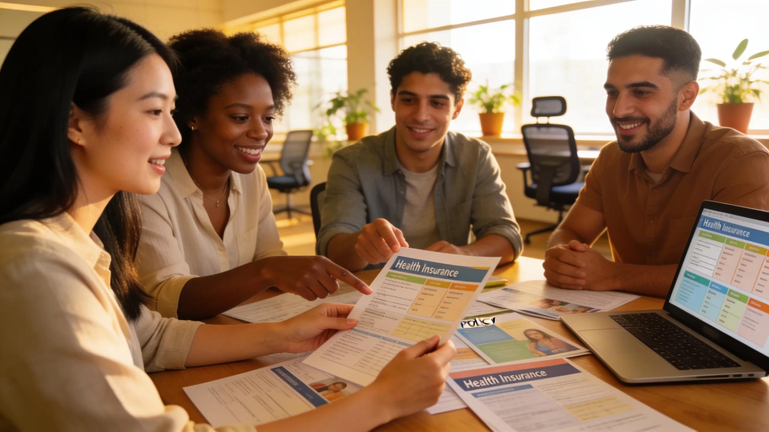 Group discussing health insurance options in a modern office setting