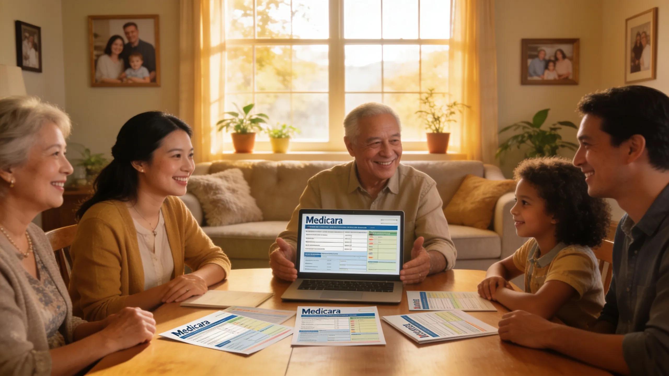 Family discussing Medicare options in a cozy living room, emphasizing family engagement and healthcare planning