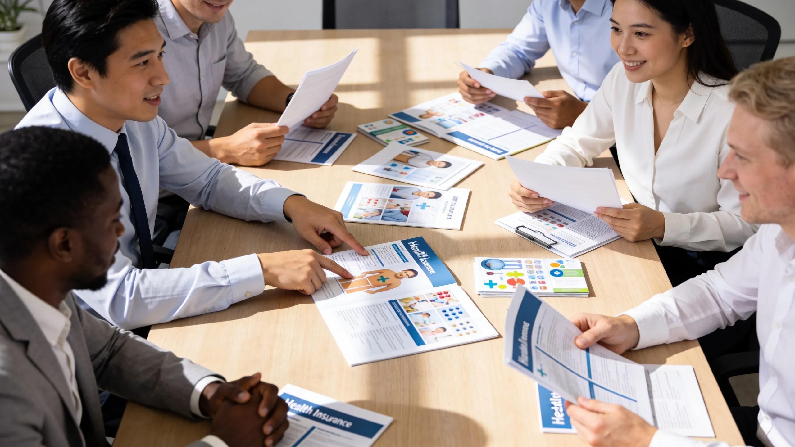 Employees discussing self-funded health insurance options in a vibrant office setting