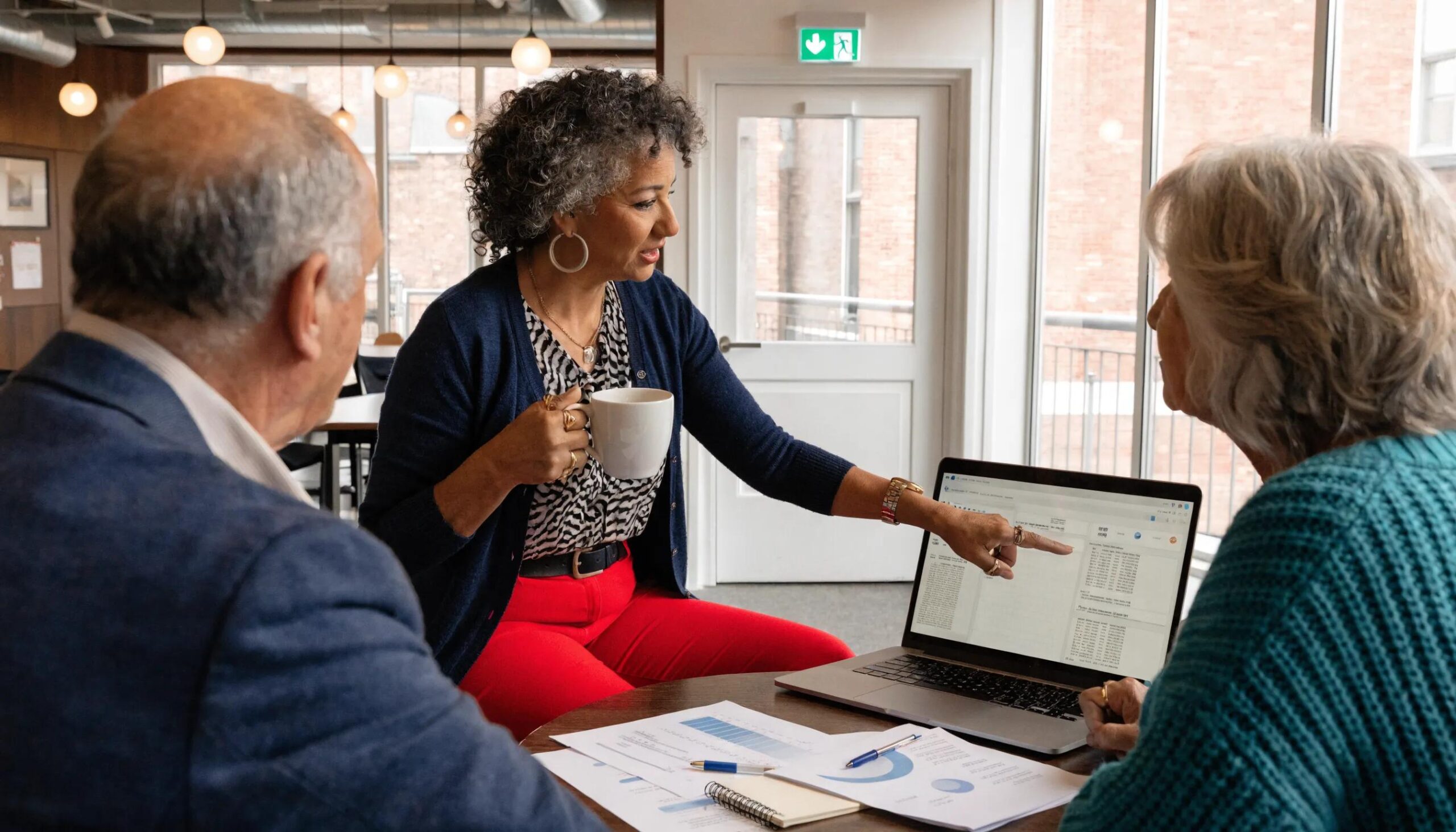 Health insurance broker consulting an older couple about various plans on a laptop, highlighting expertise and guidance