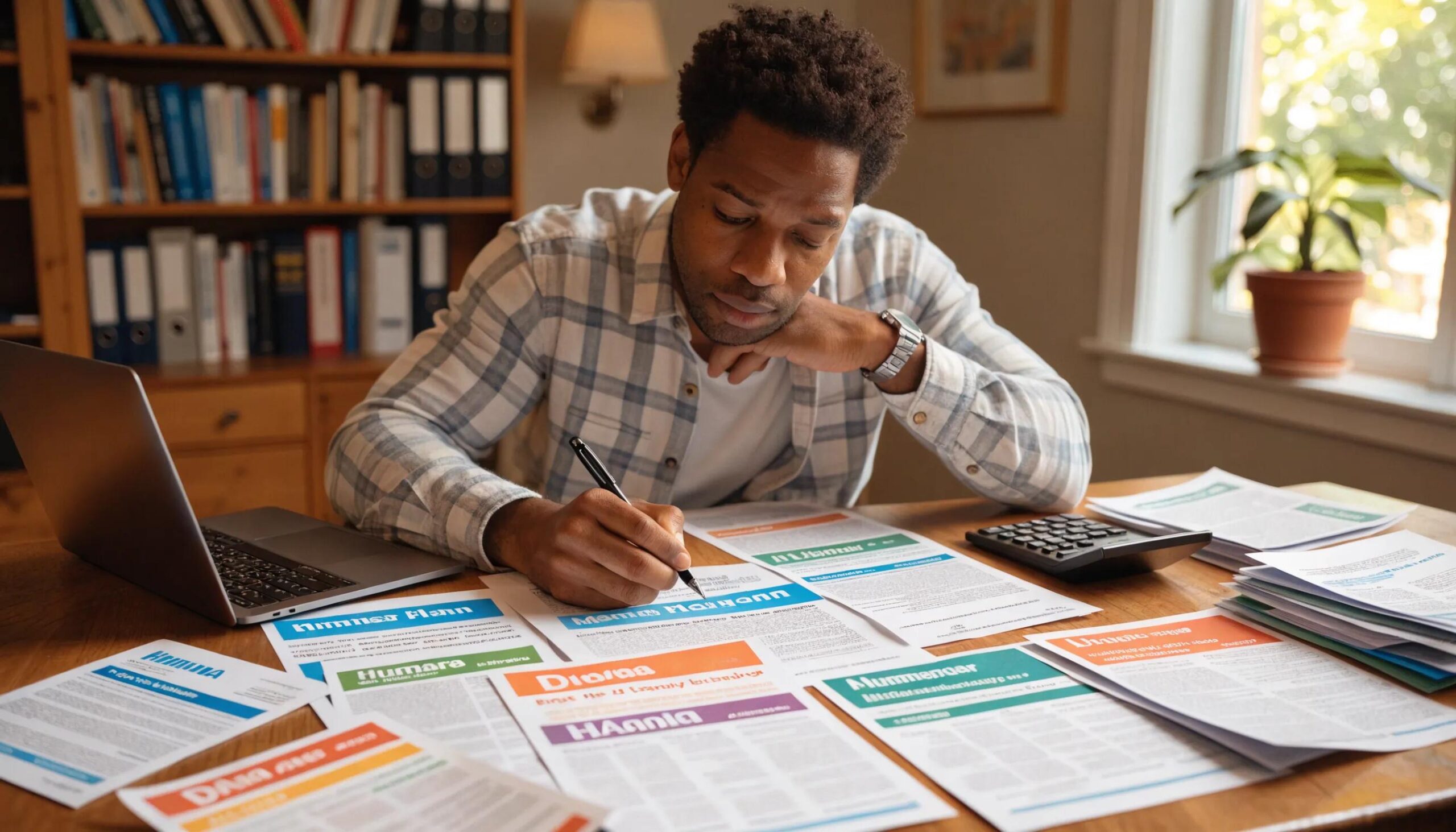 Individual analyzing different Medicare plan brochures and options during comparison