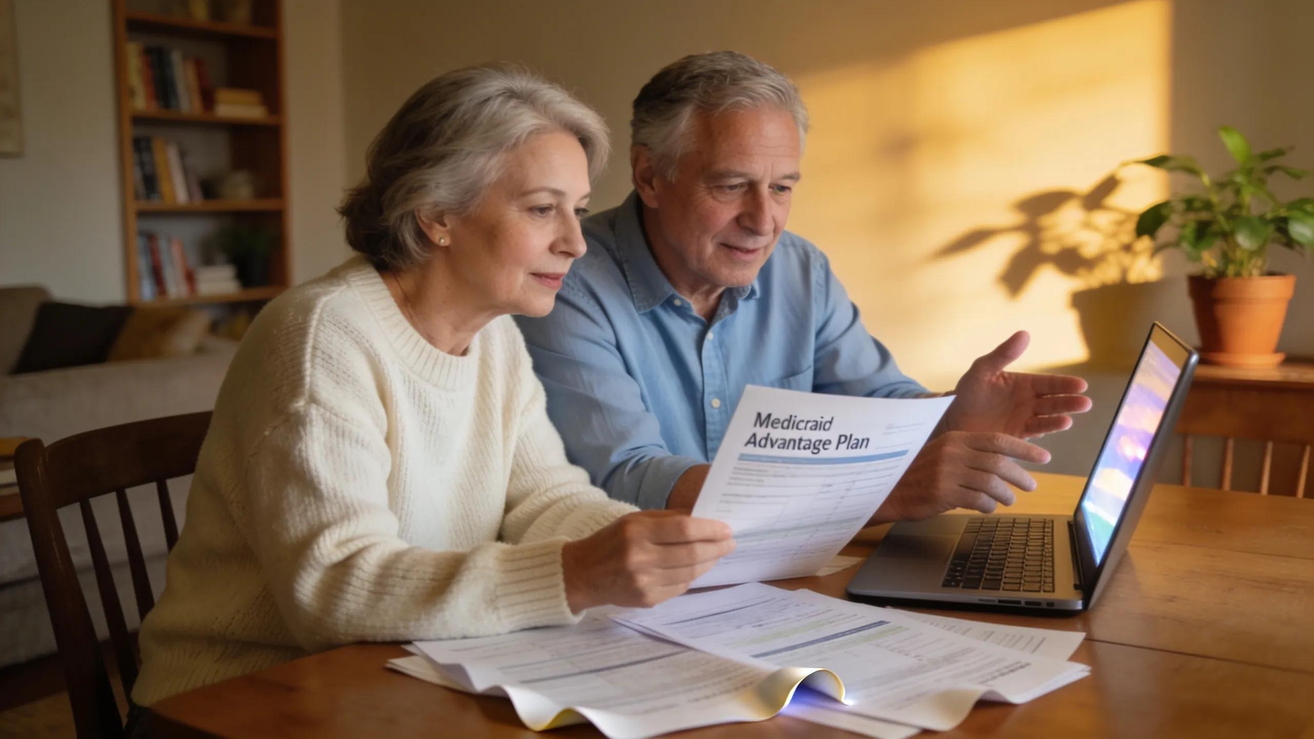 A senior couple reviewing Medicare Advantage plans together at home