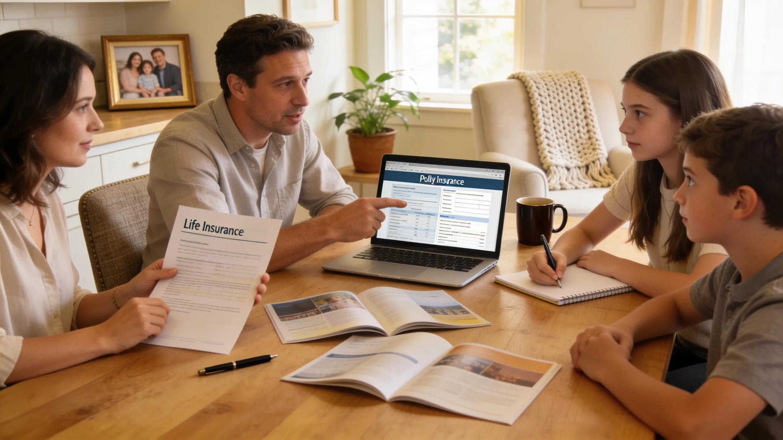Family discussing life insurance at home, capturing warmth and family security