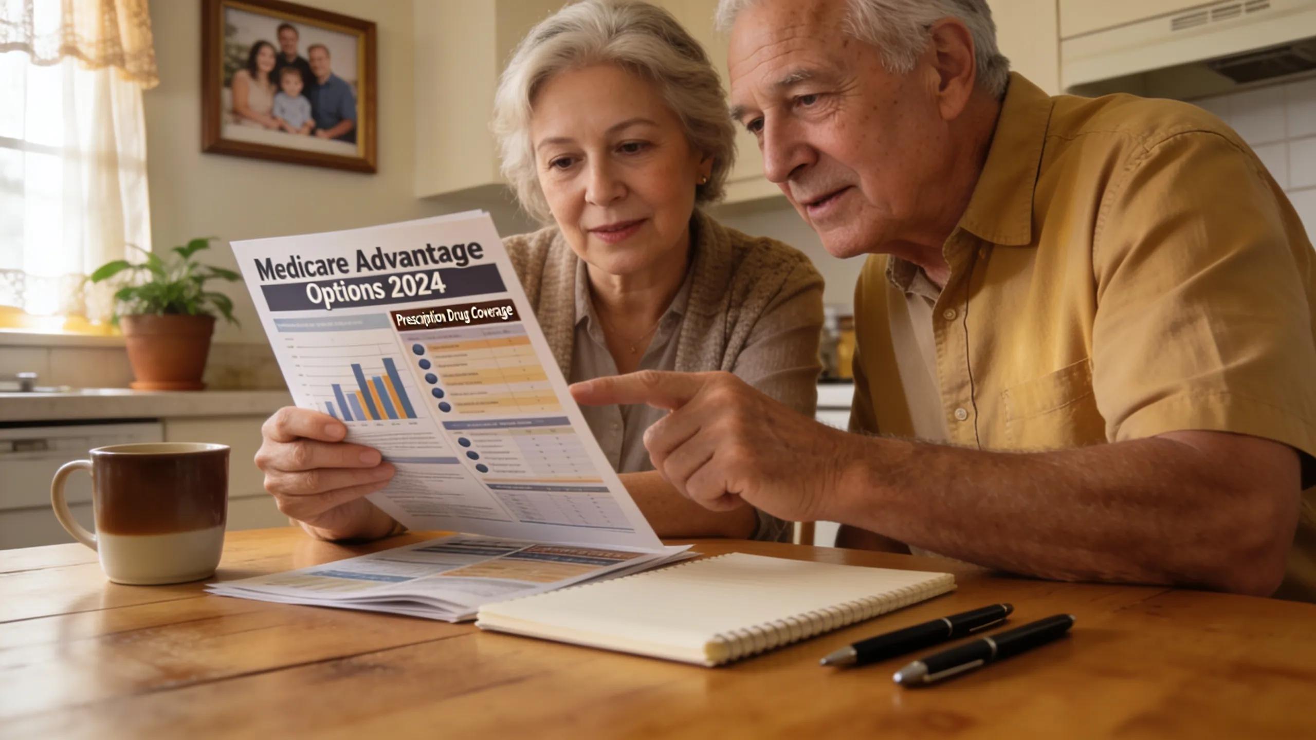 Senior couple reviewing Medicare Advantage brochures at home, highlighting choices available for comprehensive coverage