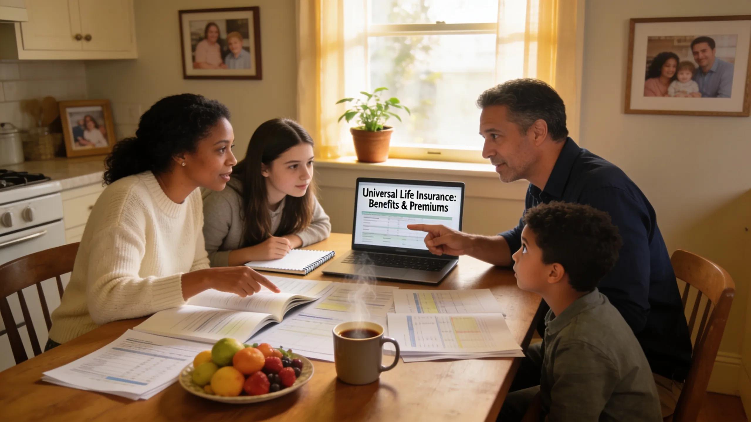 Family discussing financial planning for universal life insurance at a kitchen table