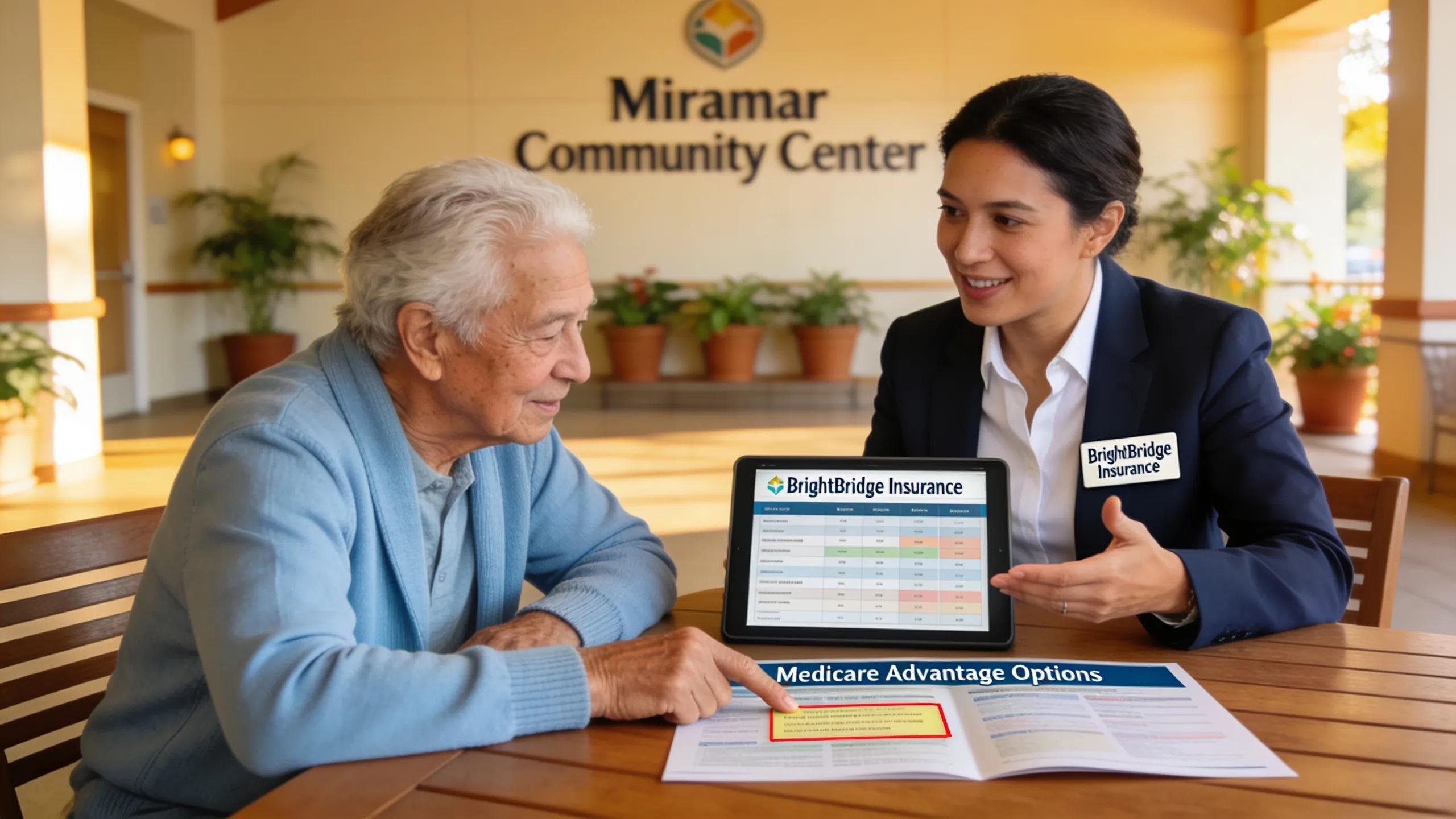 BrightBridge Insurance agent advising a resident on Medicare Advantage plans in a personal consultation setting