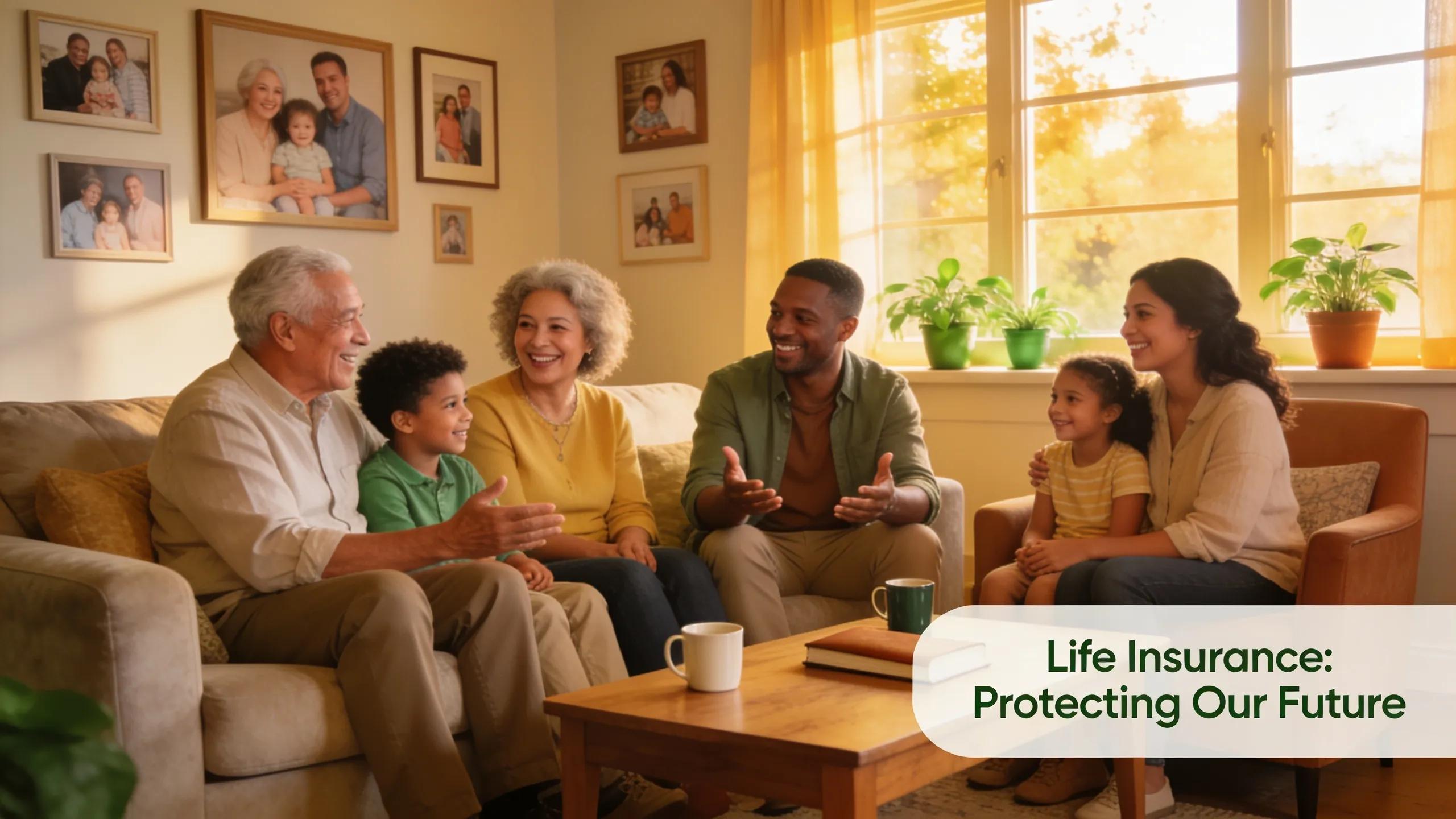 Family in a cozy living room discussing financial security through life insurance