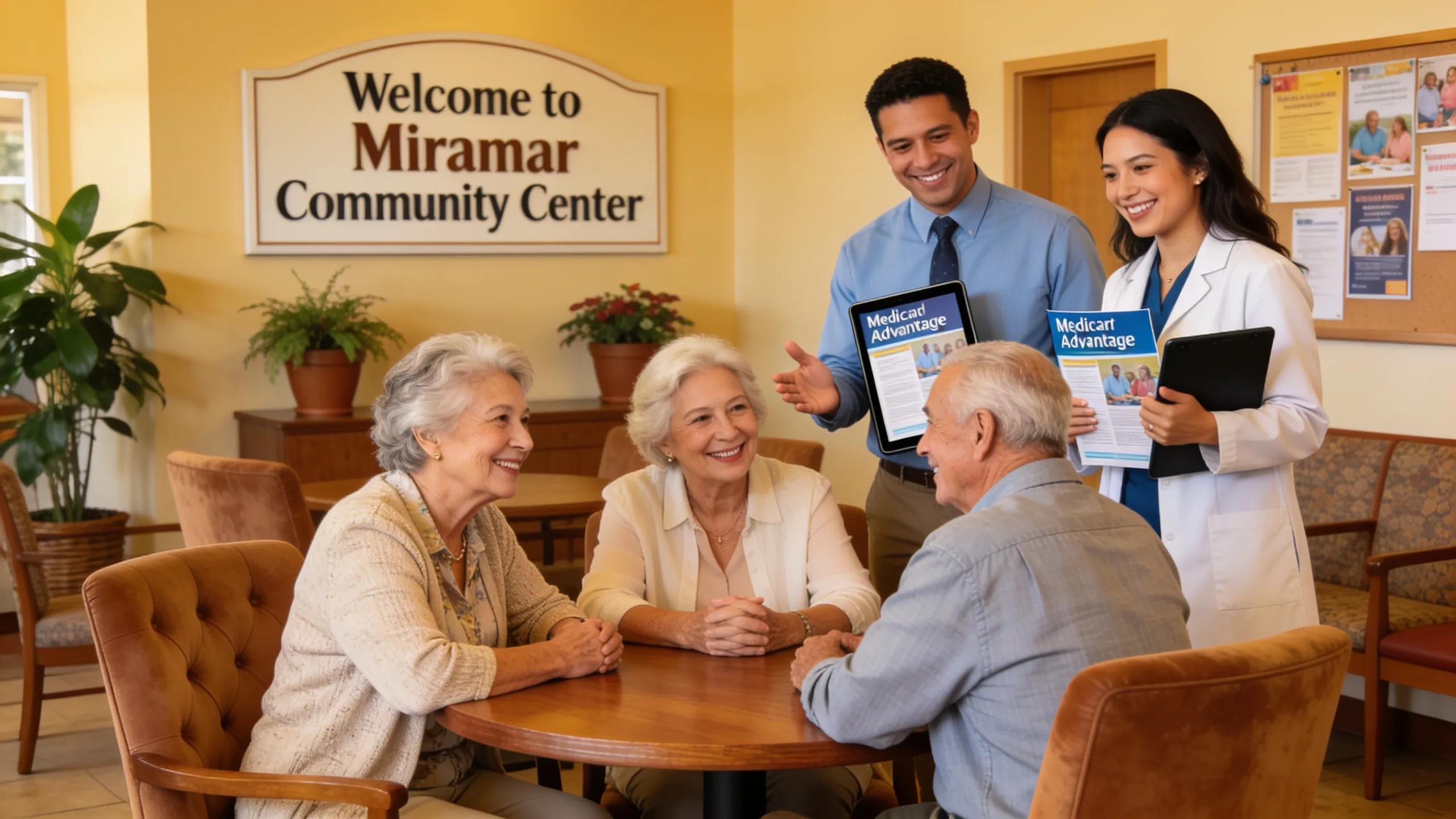 Seniors interacting with healthcare advisors about Medicare Advantage options in a community center in Miramar