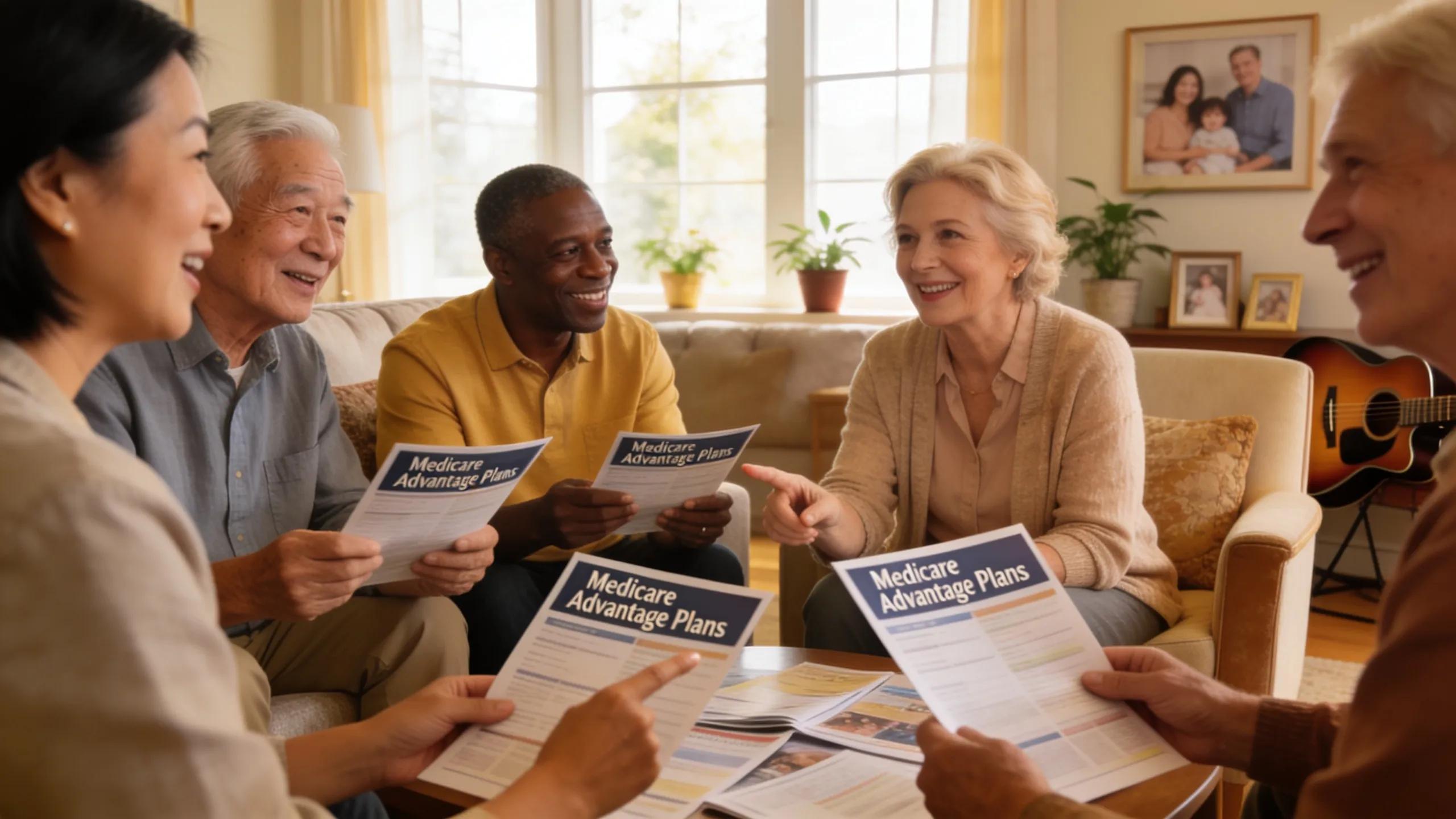 Seniors discussing healthcare options in a cozy living room, symbolizing community support for Medicare decisions