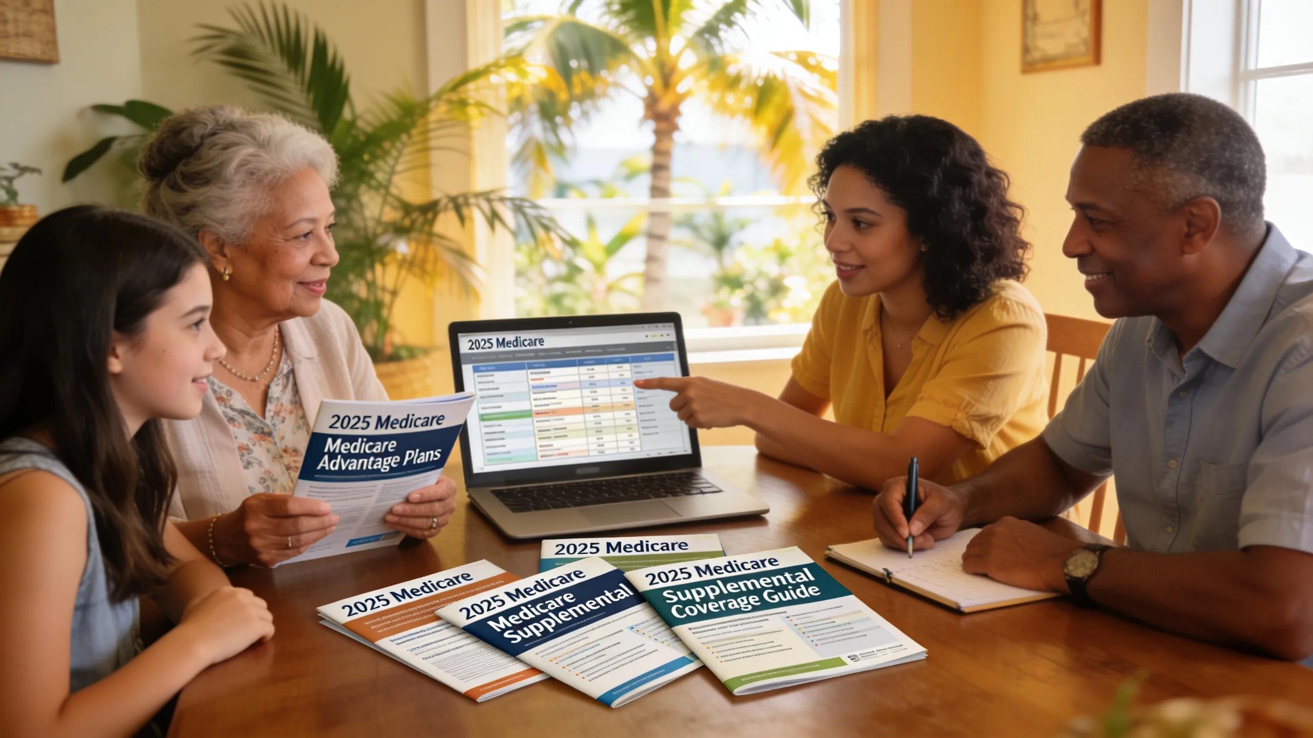 Diverse family in South Florida reviewing Medicare plans in a cozy home setting