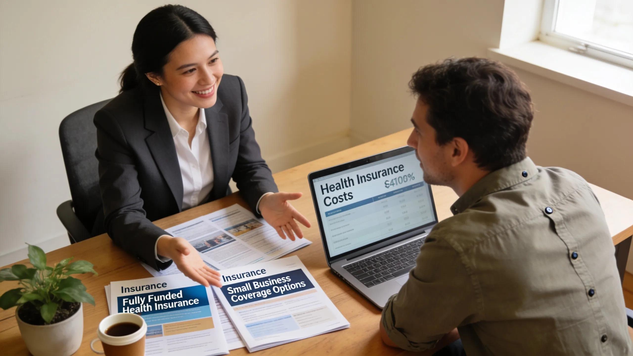 Insurance advisor discussing fully funded health insurance options with a business owner