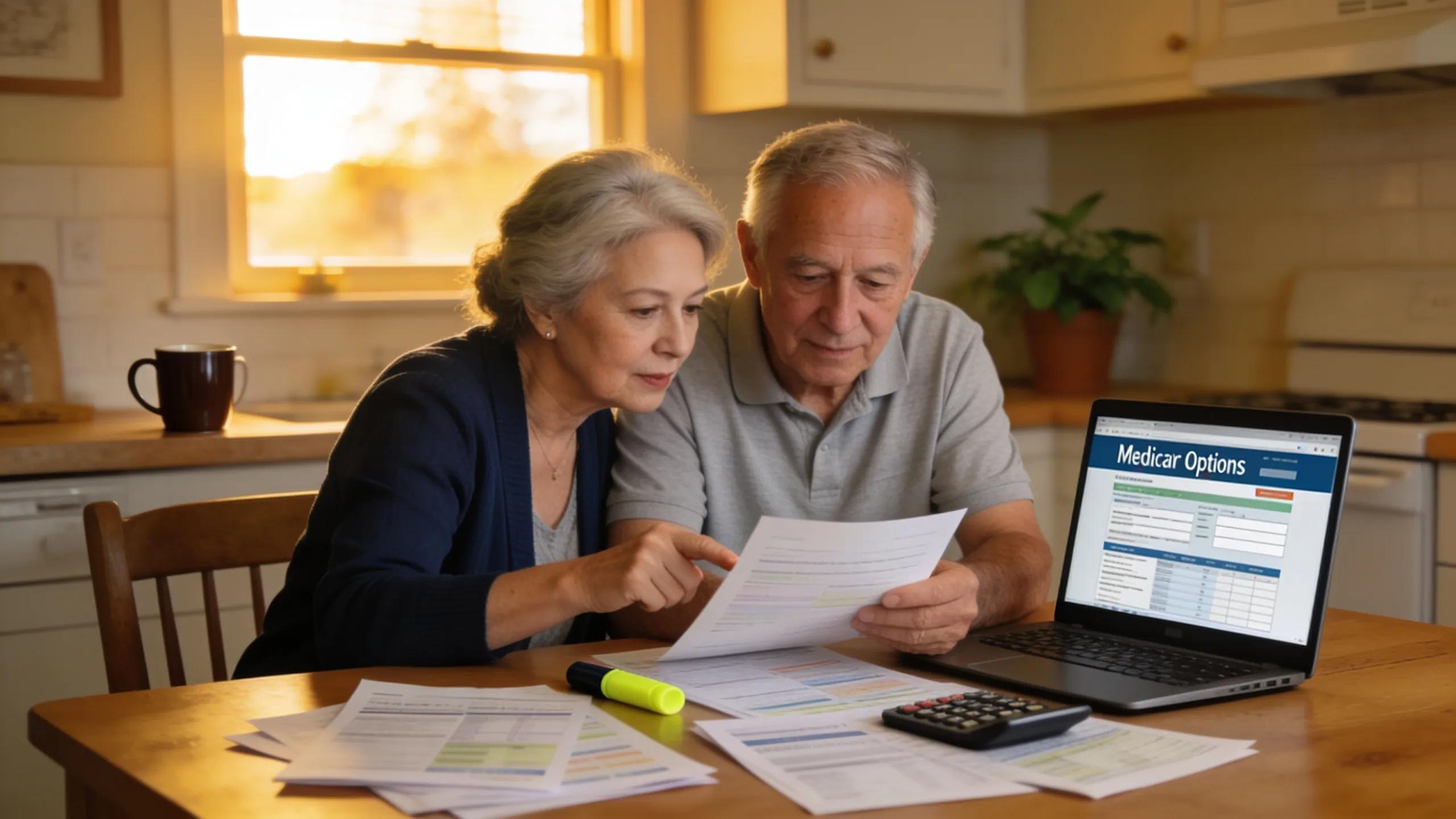 Senior couple reviewing Medicare options at a kitchen table with papers and a laptop