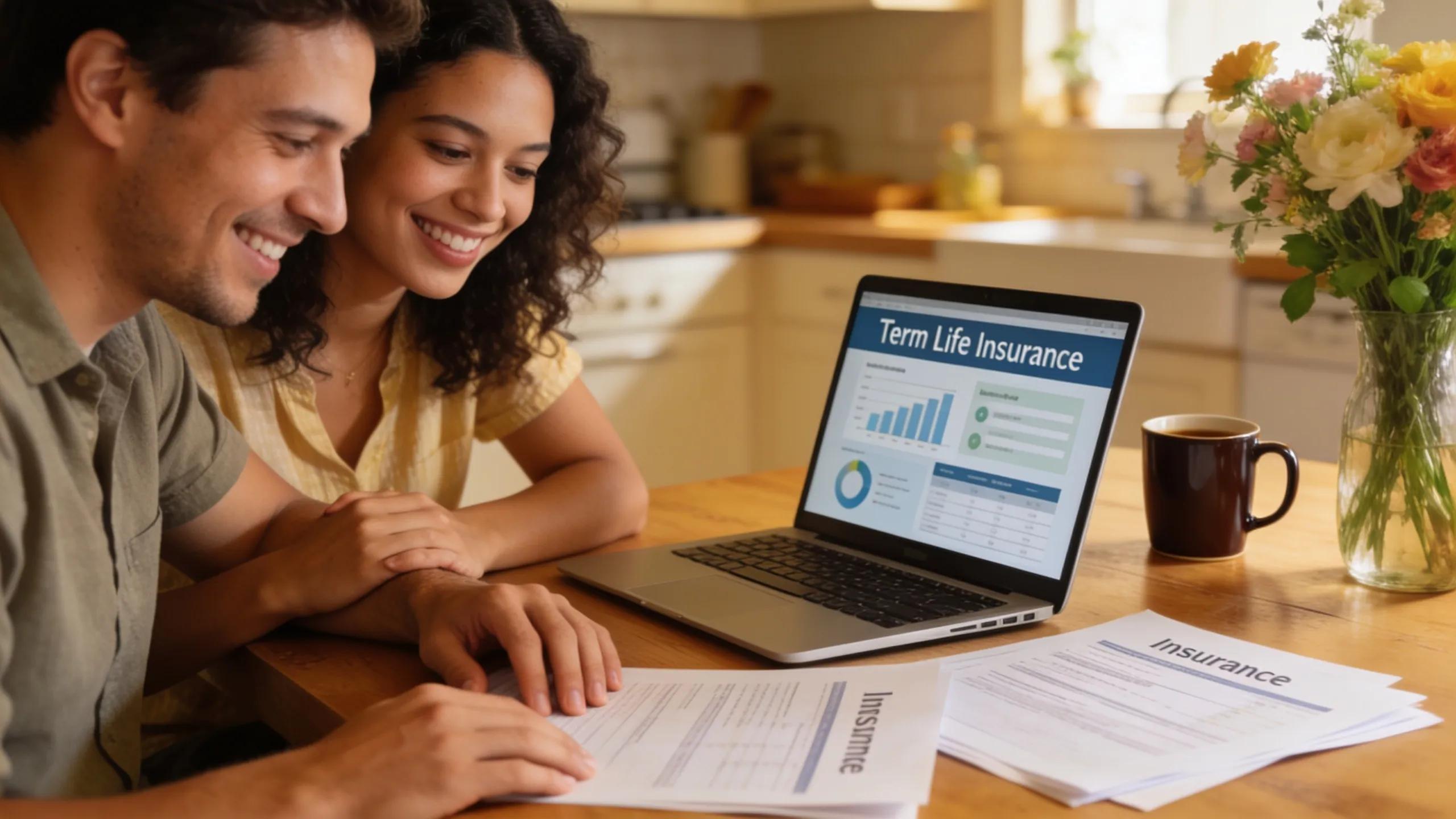 Young couple reviewing their term life insurance policy together, emphasizing financial planning for families.
