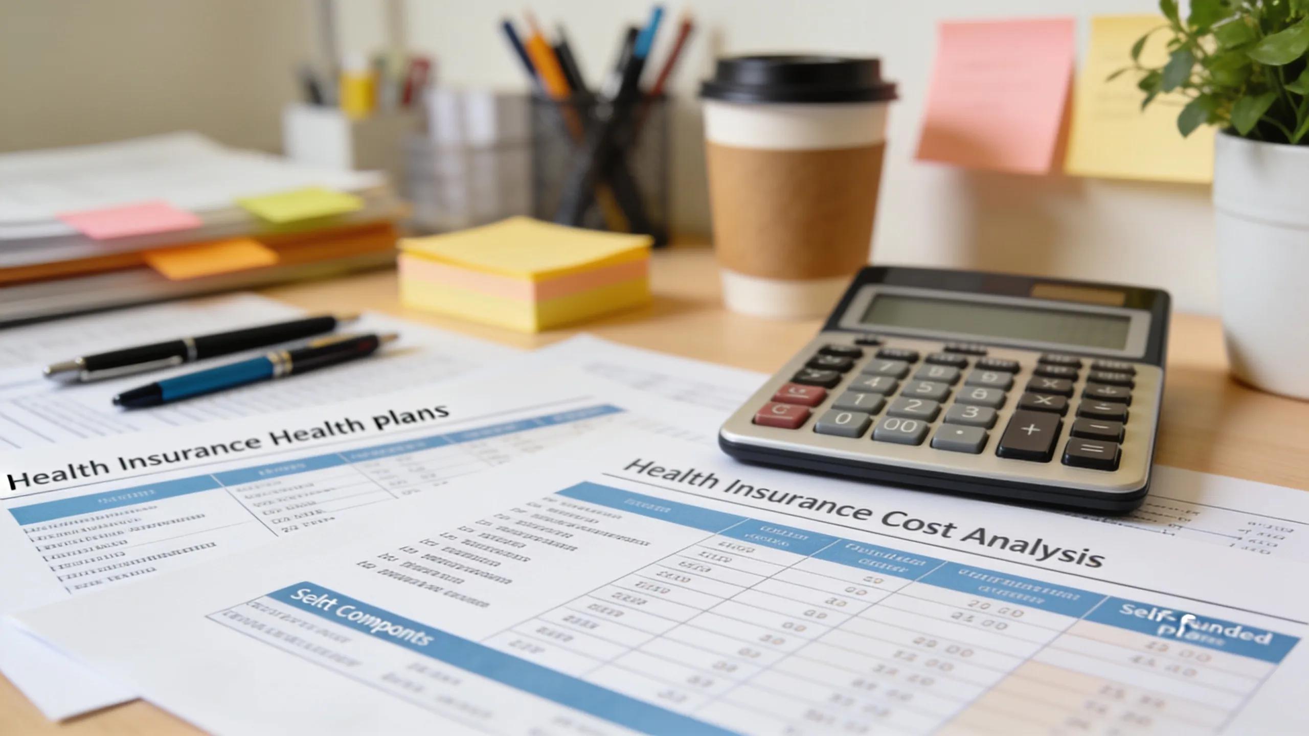 Calculator and health insurance cost analysis documents on a professional desk