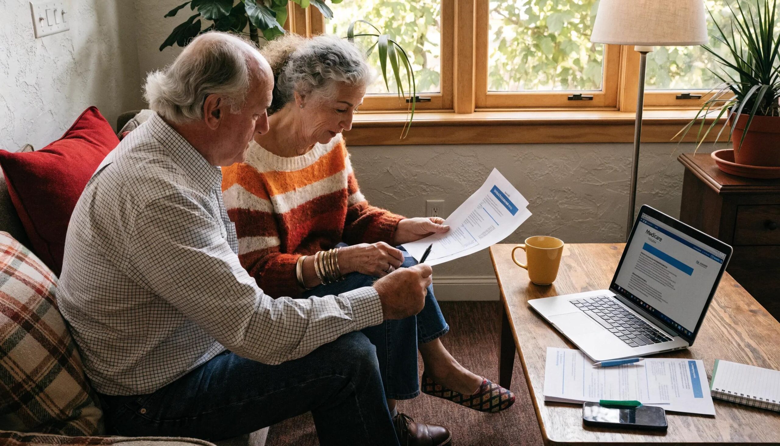 Senior couple discussing Medicare insurance options in a cozy living room setting