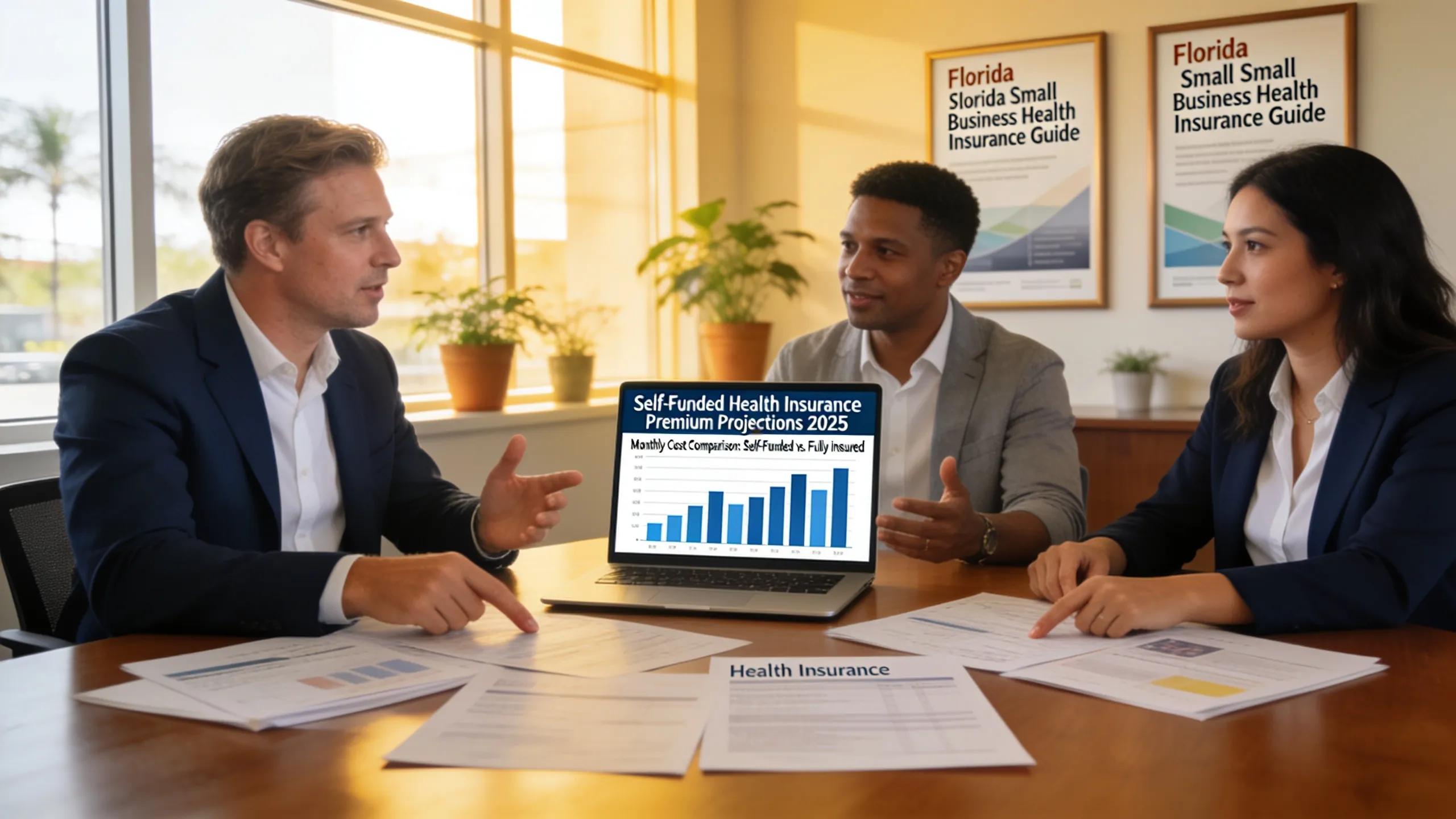 Florida business owners discussing self-funded health insurance options in a collaborative meeting