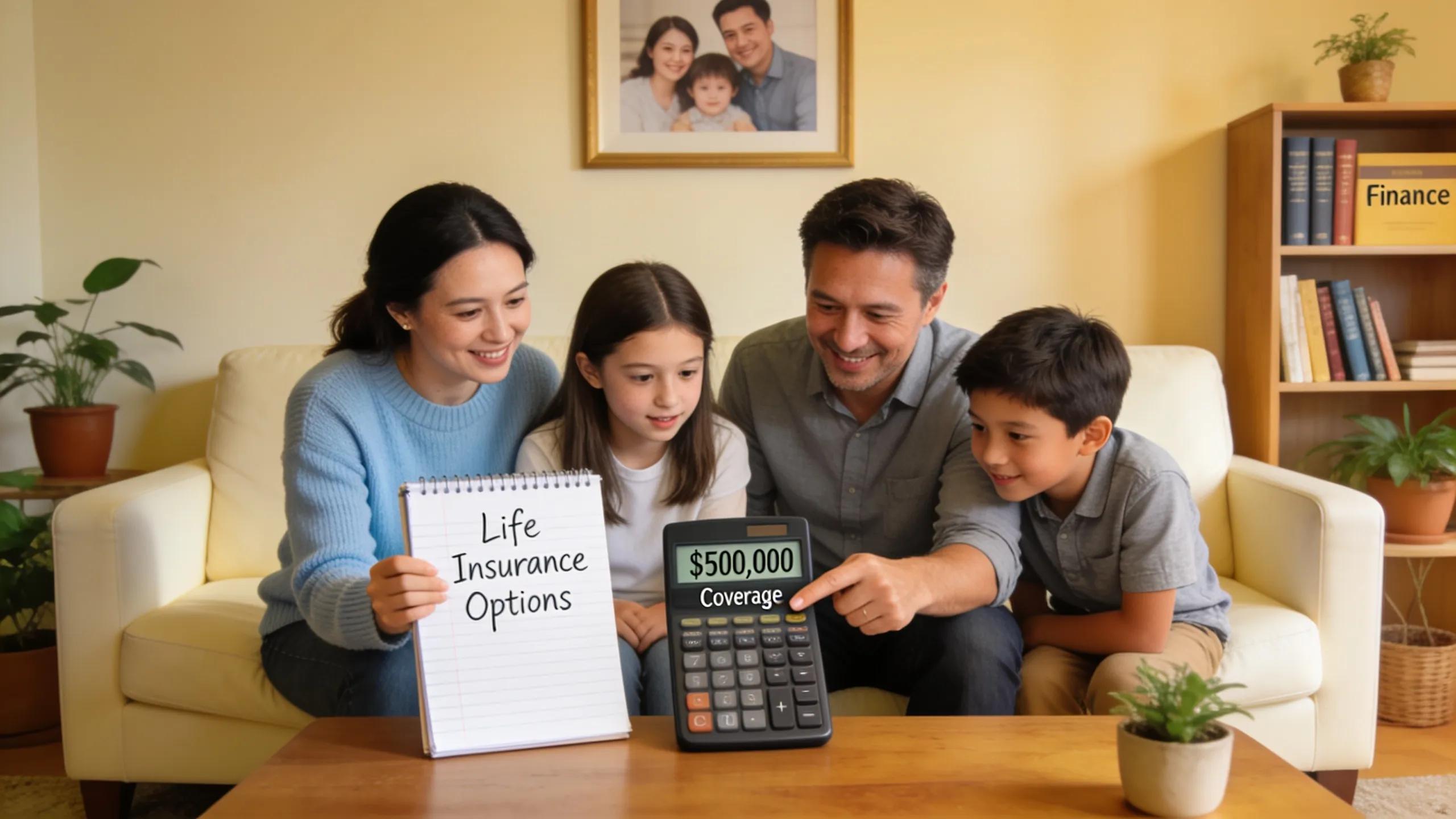 Family discussing life insurance coverage options in a cozy living room