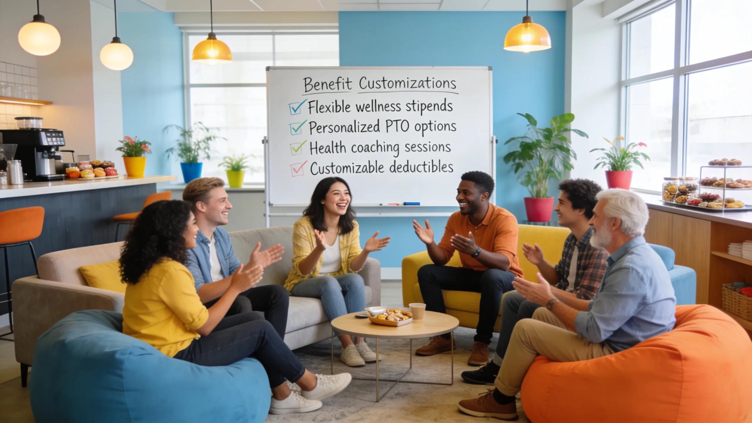 Diverse employees discussing health benefits customization in a relaxed office setting