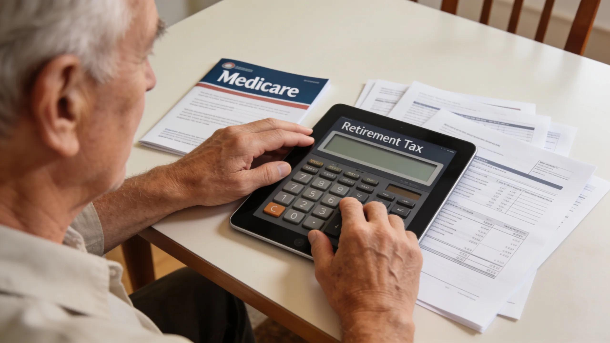 Elderly man using a retirement tax calculator with Medicare information, showcasing the importance of tax implications in Florida