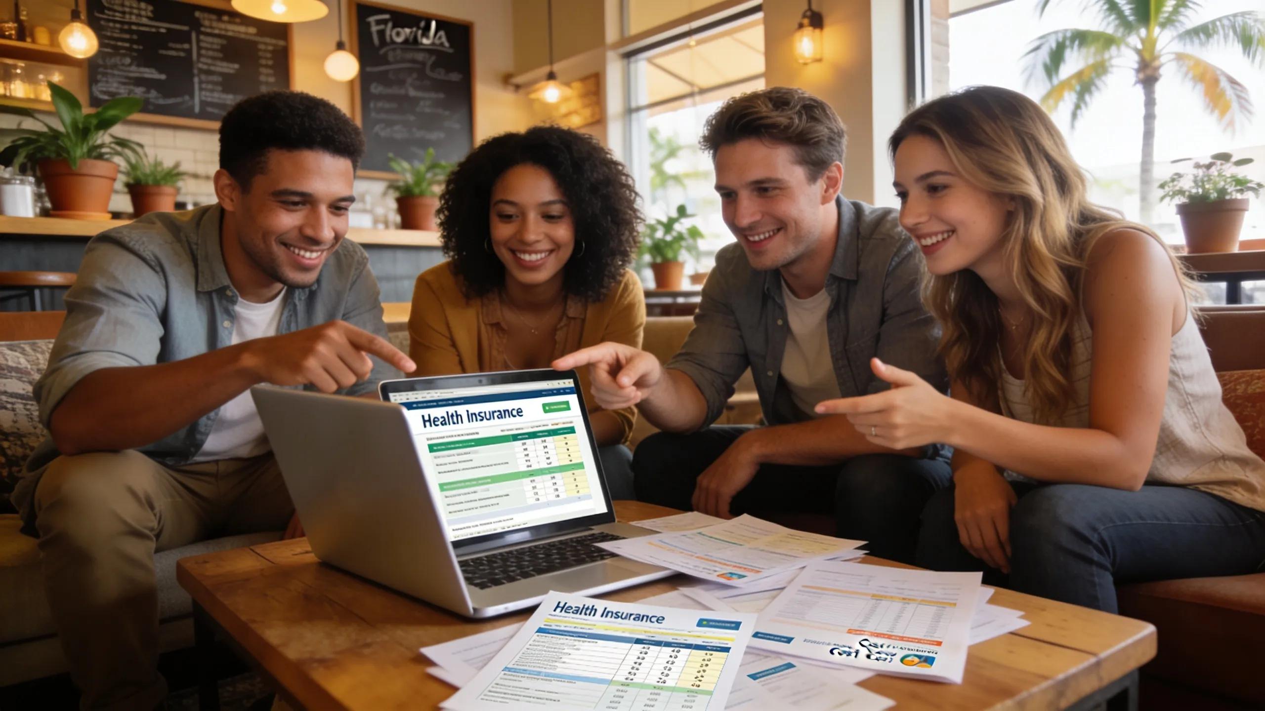 Group of friends discussing health insurance costs in Florida, illustrating affordability and options