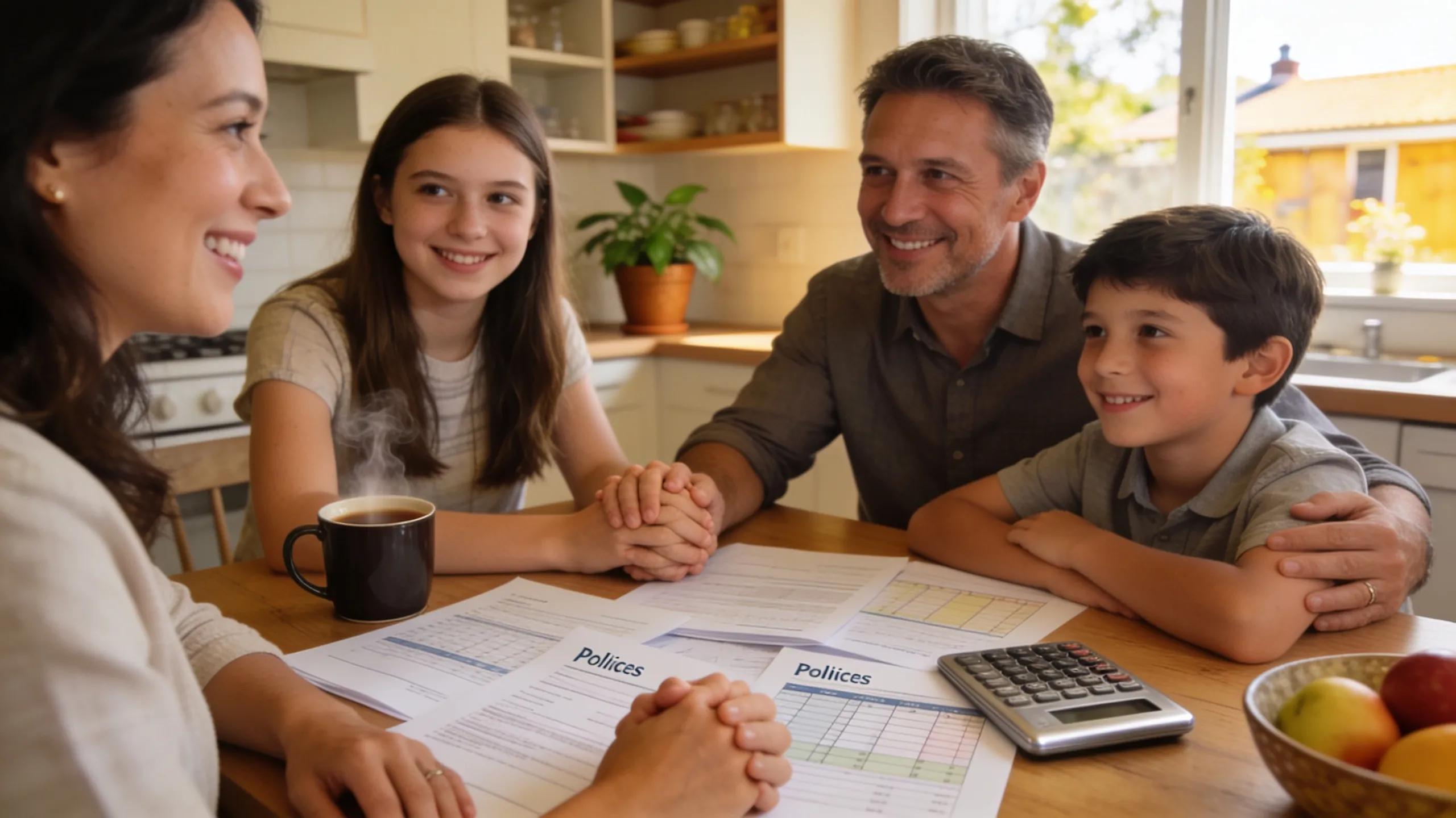 A family discussing life insurance in a cozy kitchen, emphasizing financial security and planning.