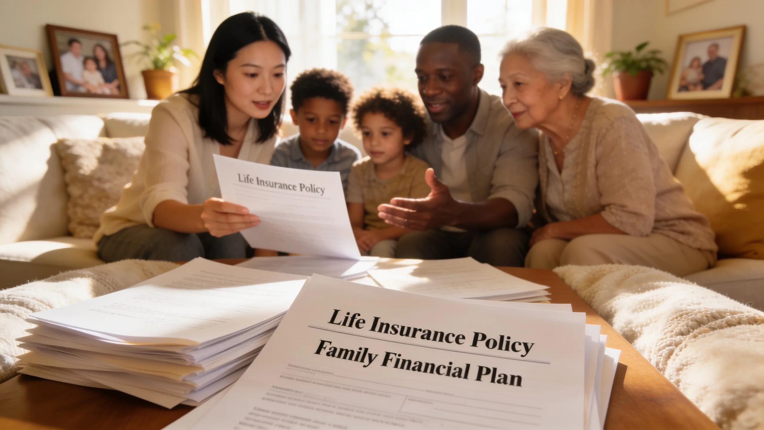Diverse family discussing financial future highlighting life insurance importance