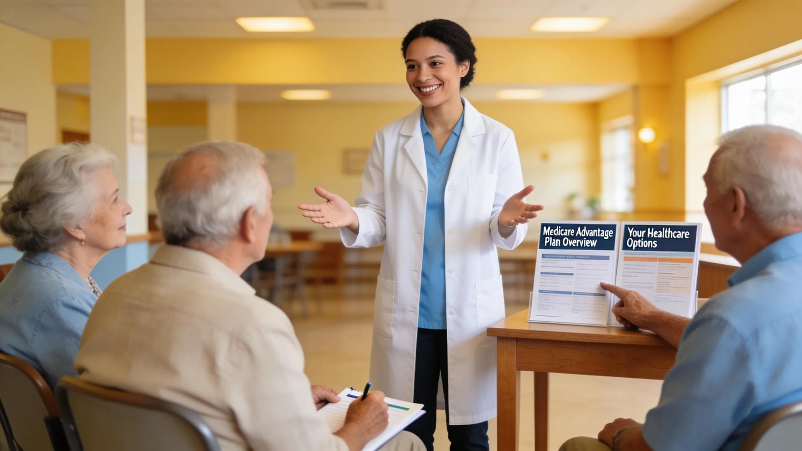 Healthcare professional educating seniors on Medicare Advantage plans at a community center