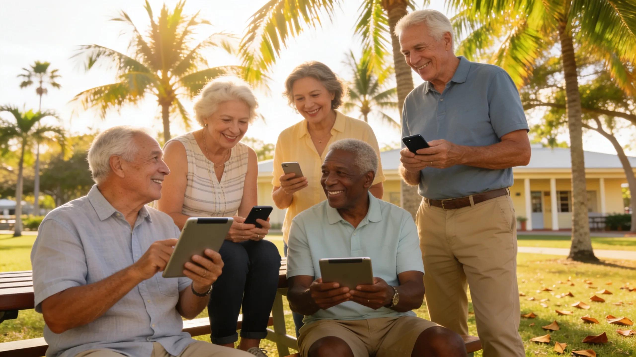 Seniors discussing Medicare options in a sunny Fort Lauderdale park
