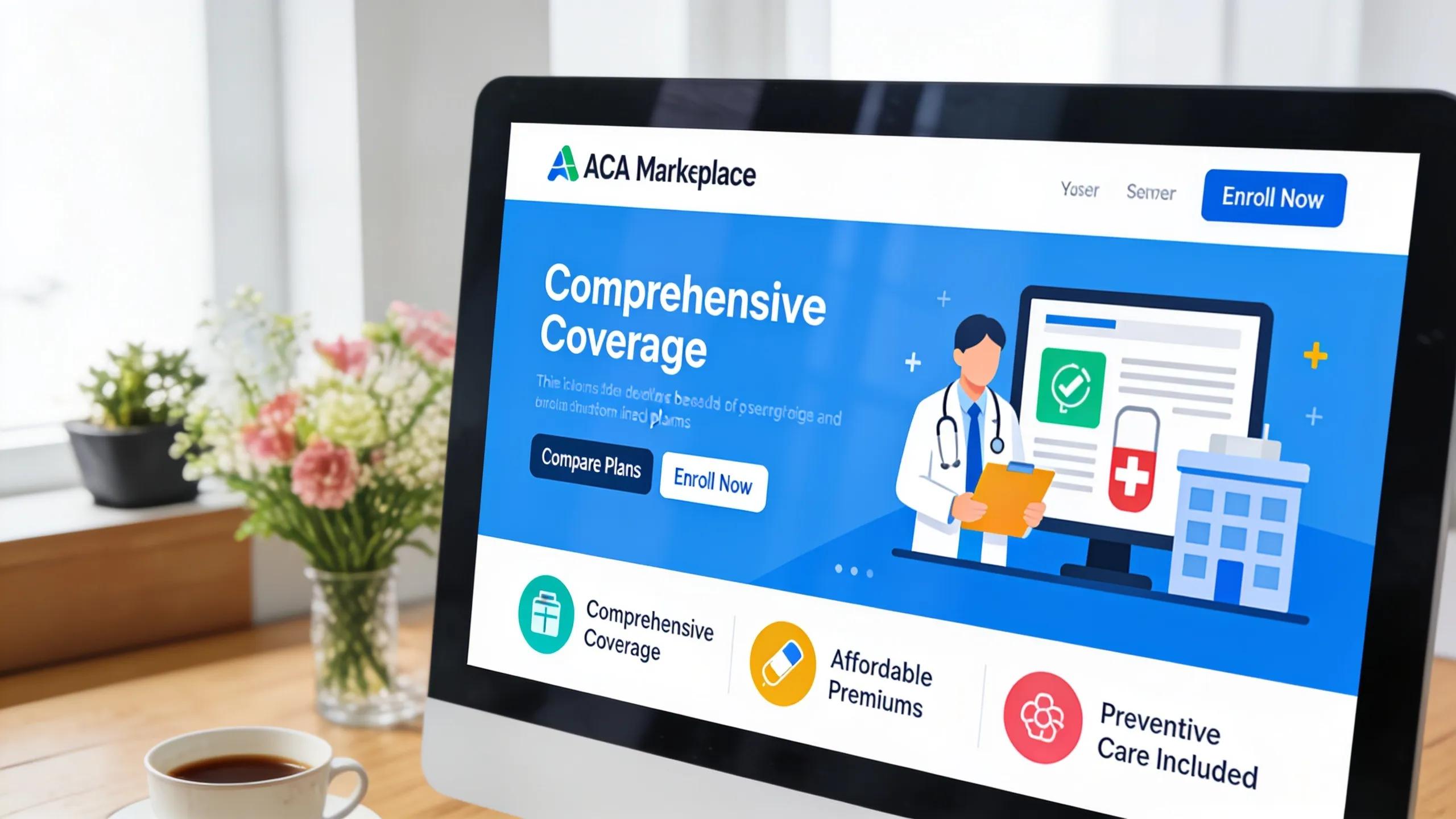 Close-up of ACA Marketplace website showcasing health plans in a modern setting