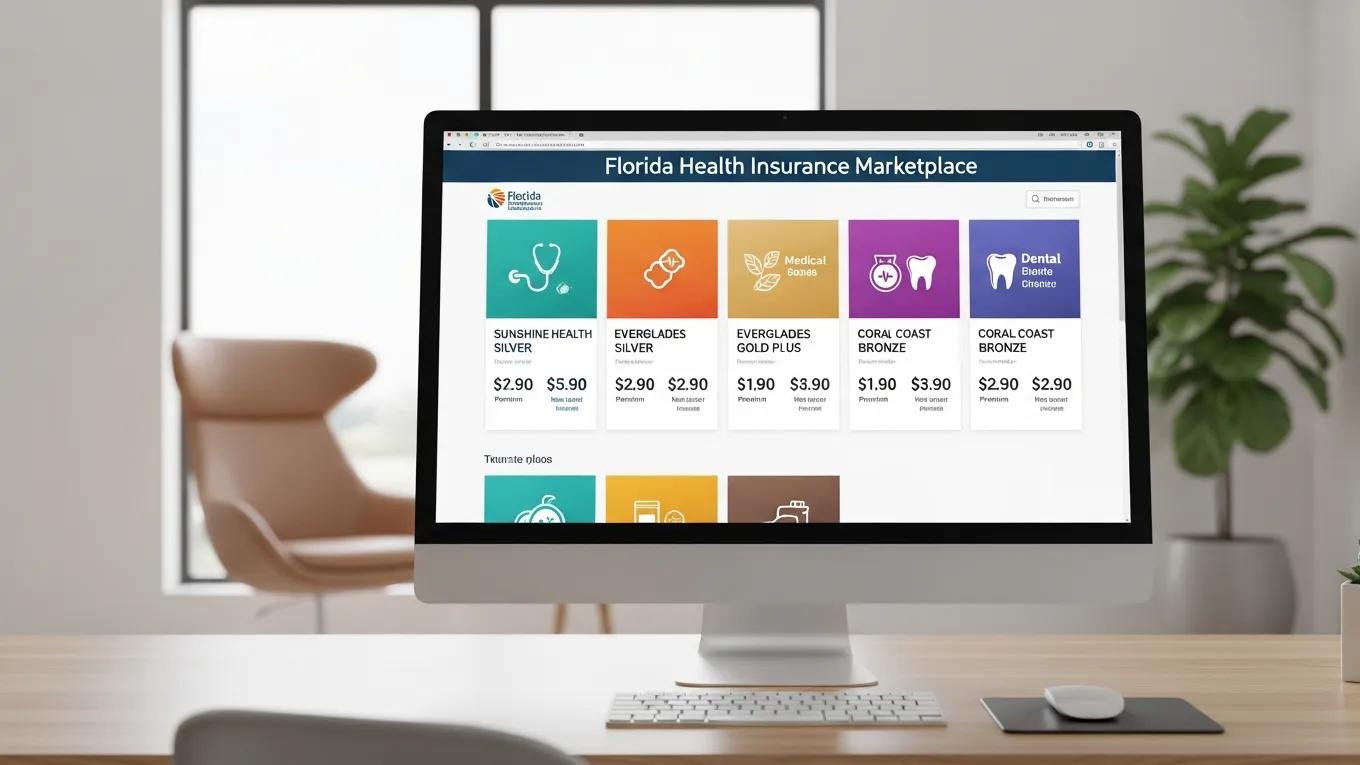 Computer screen showing Florida Health Insurance Marketplace options