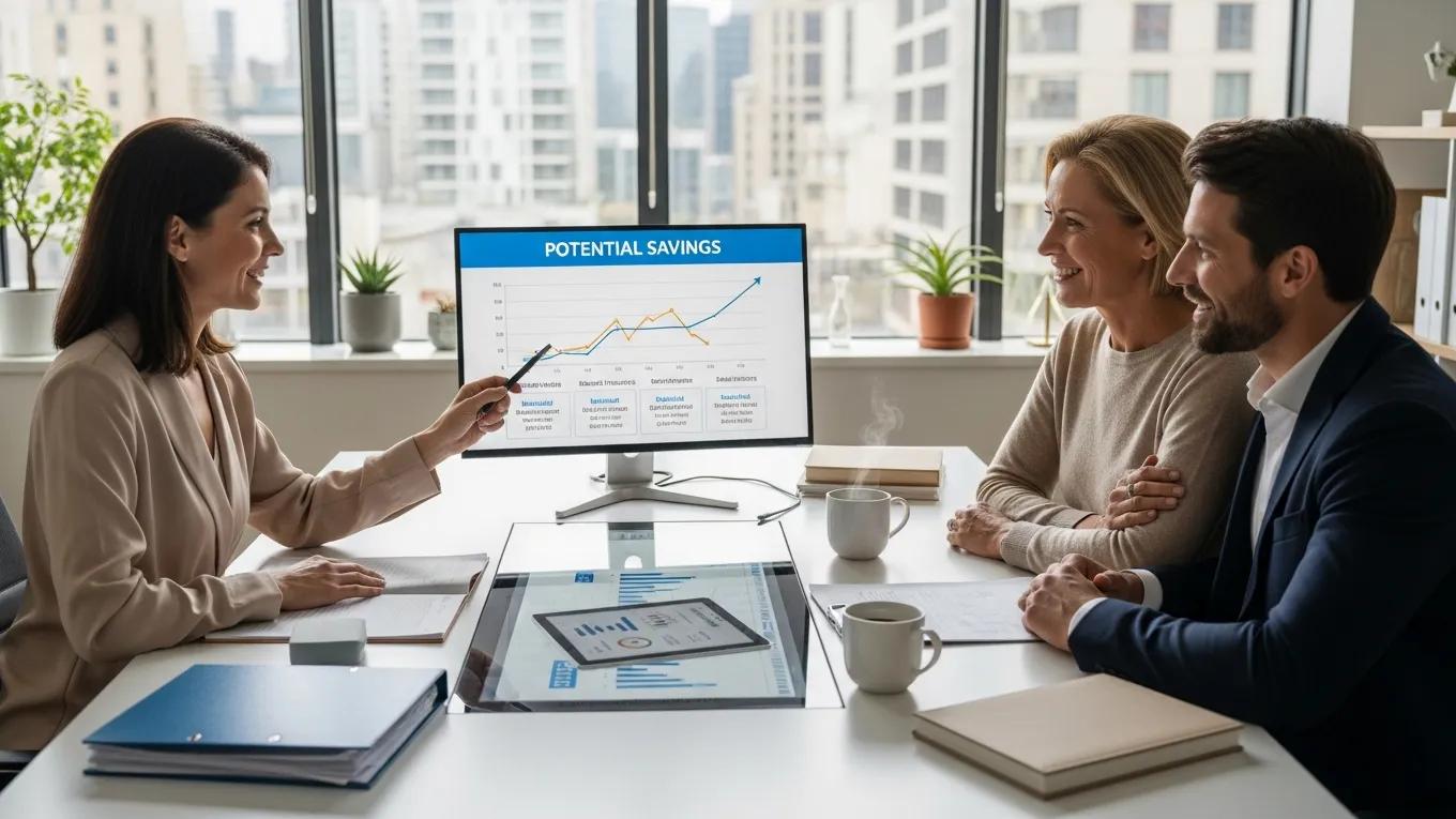 Couple consulting with an advisor about bundled insurance policies, highlighting savings