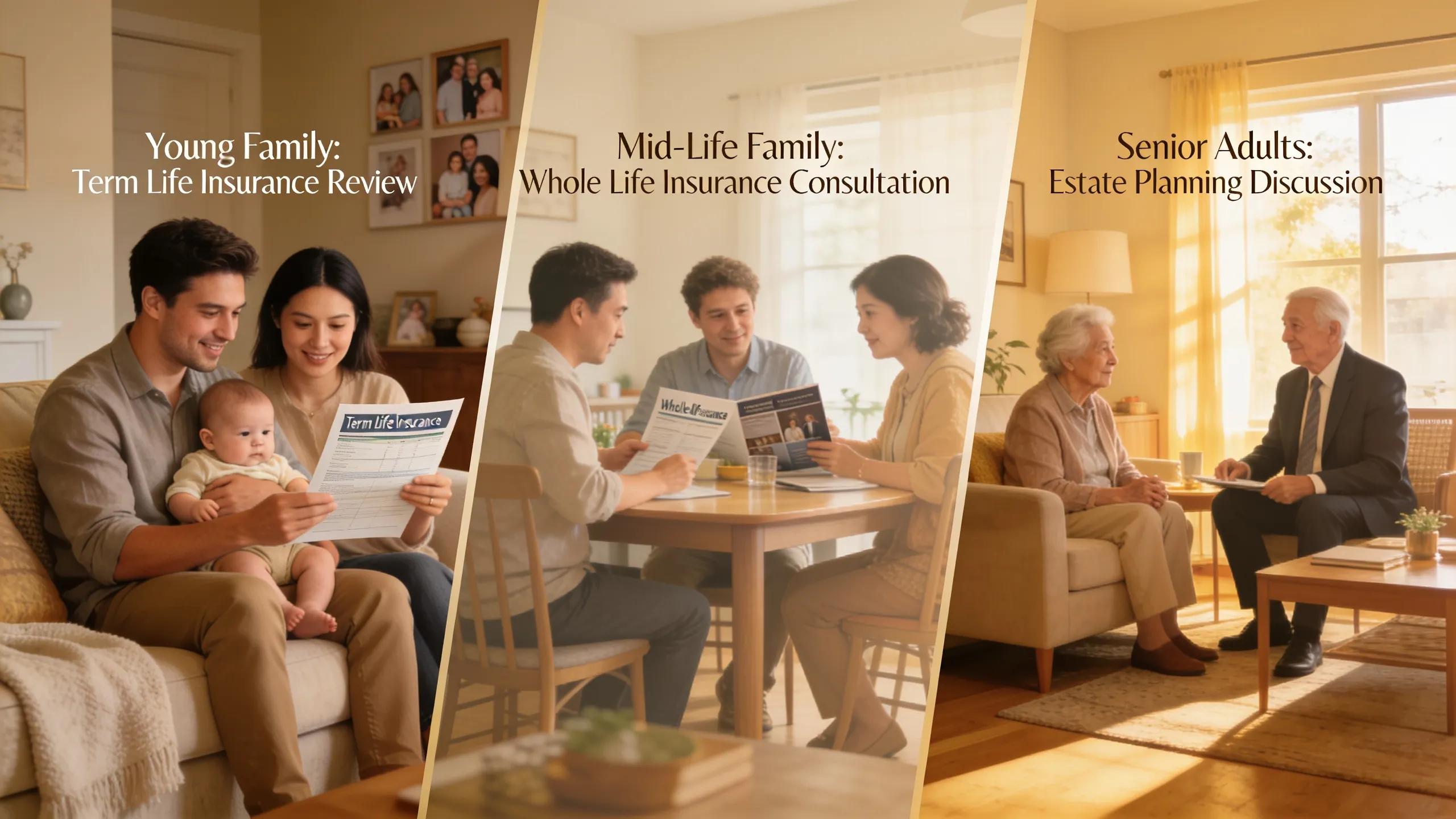 Family life stages illustrating evolving life insurance needs through term and whole life options