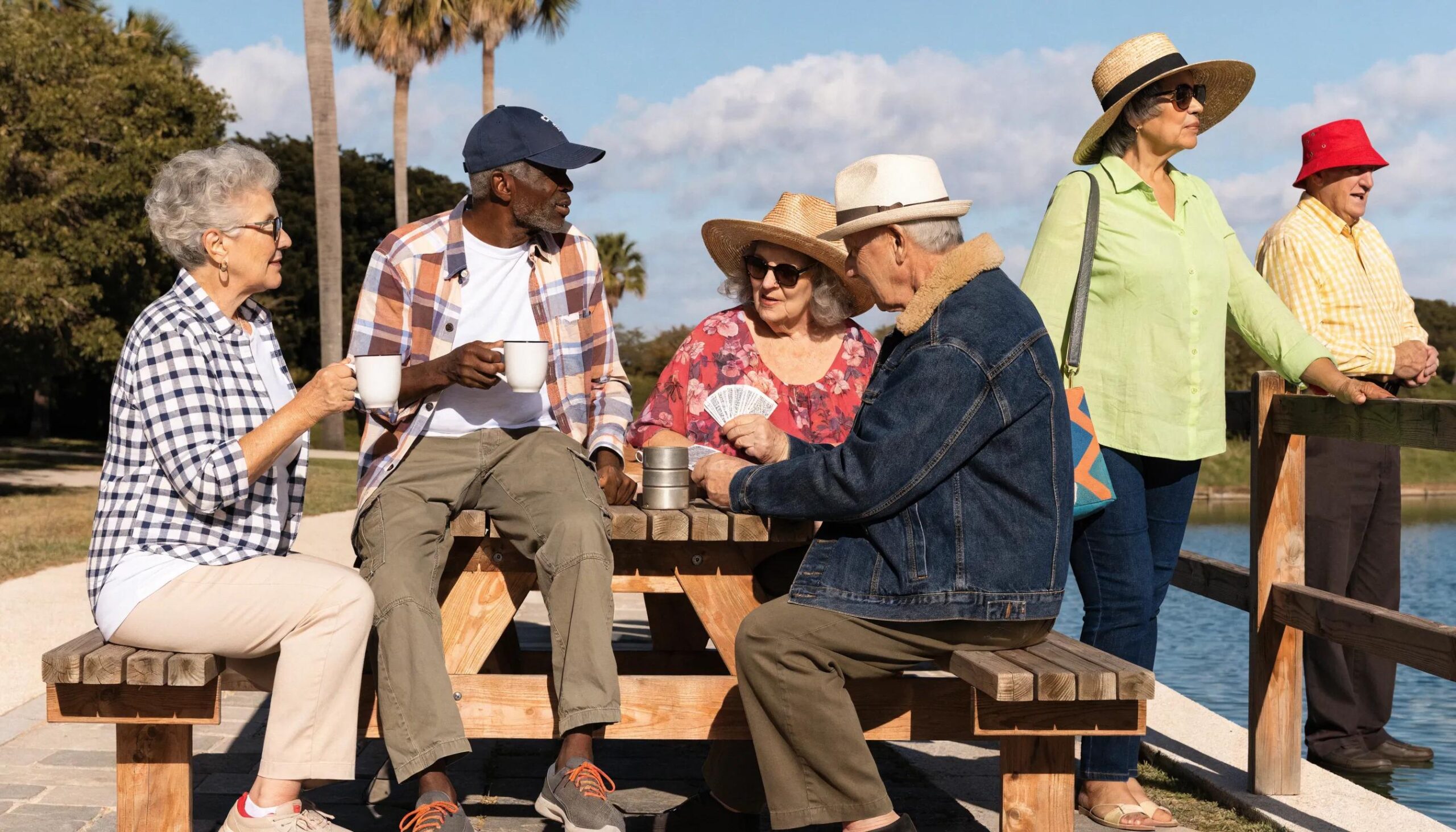 Seniors enjoying community activities in a sunny Florida park, emphasizing health and wellness in retirement