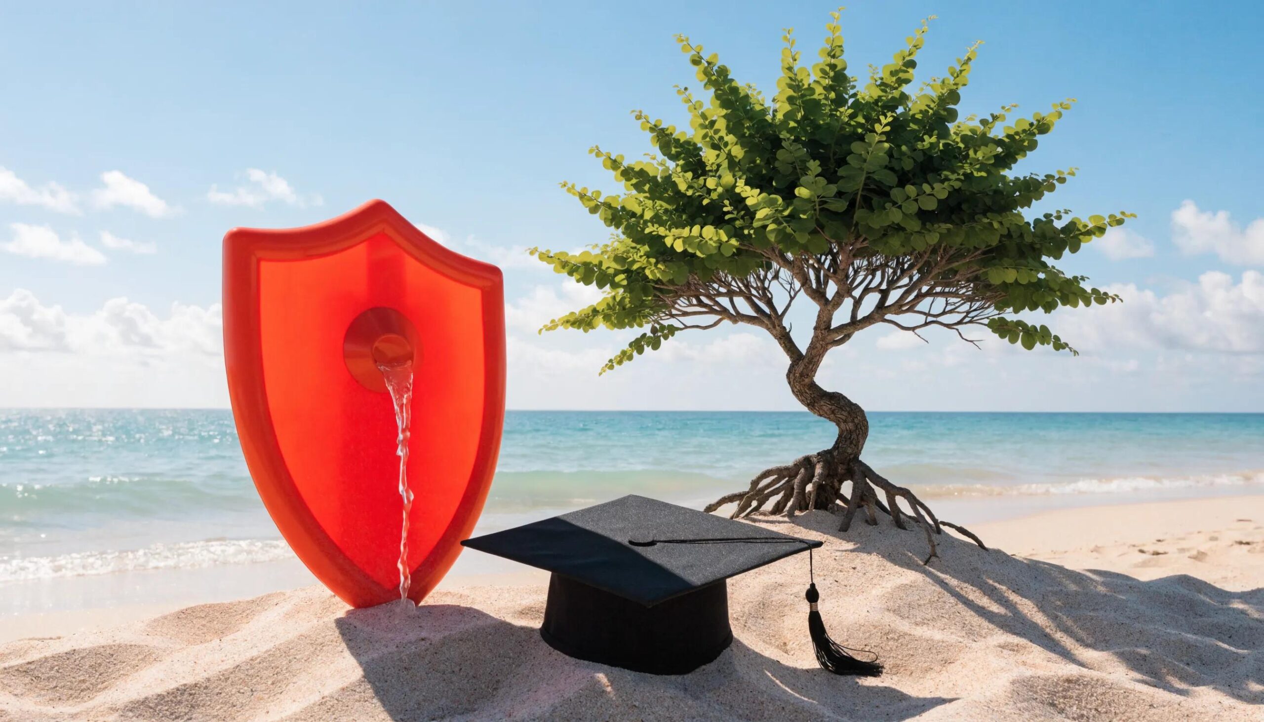Insurance shield and graduation cap on beach symbolizing financial protection and education.